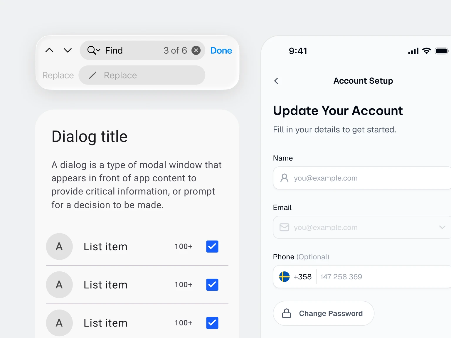 An iOS find and replace bar, a Material 3 dialog with a checked list, and an iOS Account Setup form with name, email and phone fields