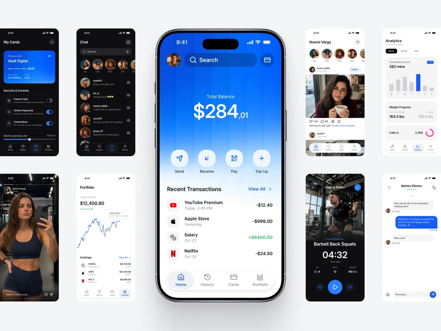 App screens around a central wallet balance: card controls, a chat list, a social profile, weekly analytics, a portfolio chart, a workout timer and a chat thread
