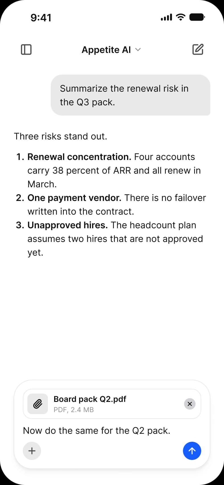 AI attachment screen: a request to summarize renewal risk, a numbered list of three risks, and a composer holding the attached file Board pack Q2.pdf, 2.4 MB, the text Now do the same for the Q2 pack and a blue send button