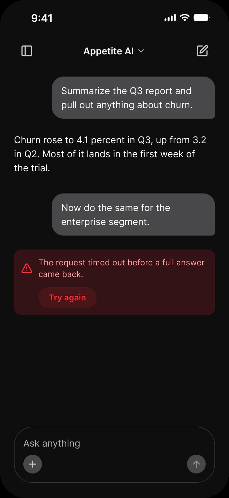 AI error screen in dark mode: a red banner reading The request timed out before a full answer came back with a Try again button, below a question, its answer and a follow-up question, and above an empty composer