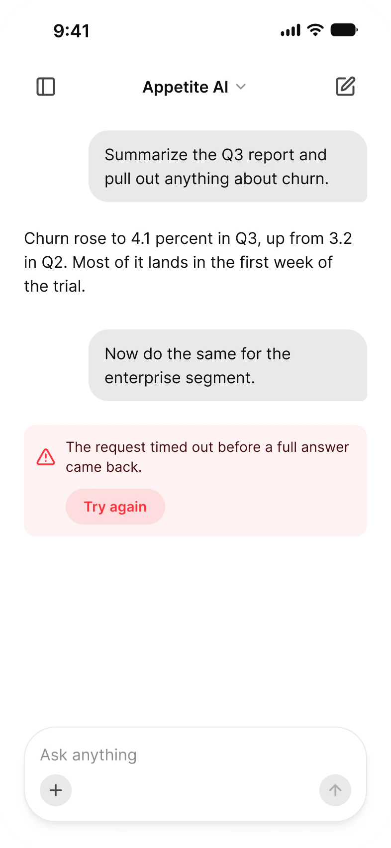 AI error screen: a red banner reading The request timed out before a full answer came back with a Try again button, below a question, its answer and a follow-up question, and above an empty composer