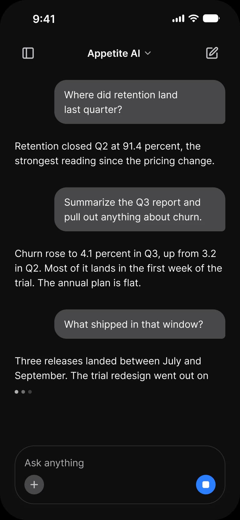 AI generating screen in dark mode: three exchanges about retention and the Q3 report, the last reply cut off above a typing indicator, and a composer whose send button has become a blue stop button