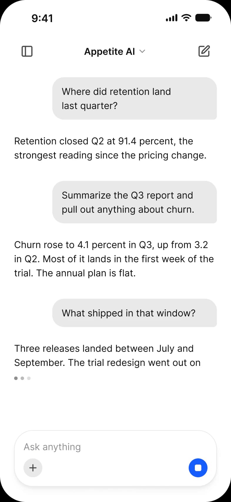 AI generating screen: three exchanges about retention and the Q3 report, the last reply cut off above a typing indicator, and a composer whose send button has become a blue stop button