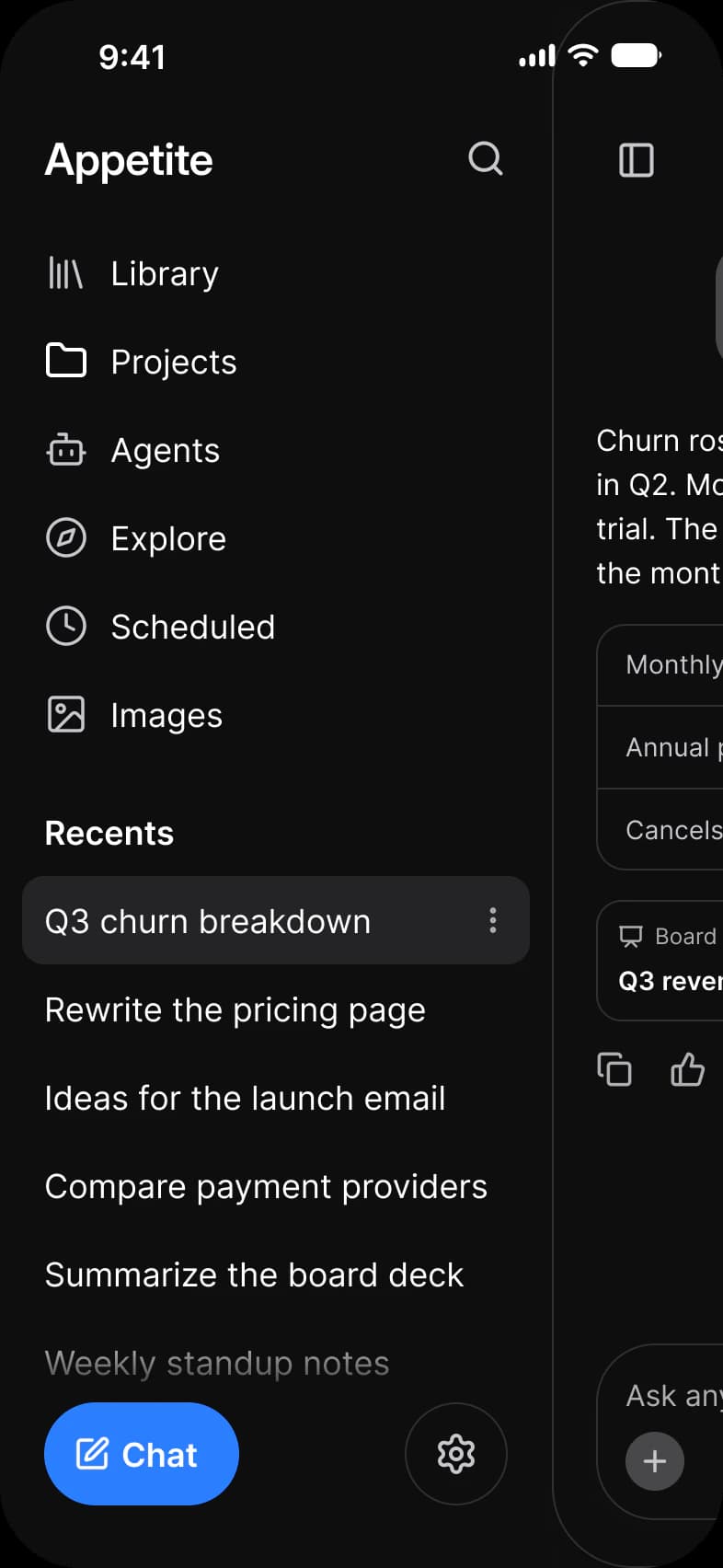 AI history screen in dark mode: a navigation drawer with Library, Projects, Agents, Explore, Scheduled and Images, a Recents list from Q3 churn breakdown to Weekly standup notes, and Chat and settings buttons, pushing the thread aside to the right