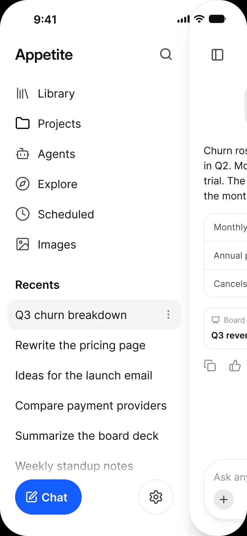AI history screen: a navigation drawer with Library, Projects, Agents, Explore, Scheduled and Images, a Recents list from Q3 churn breakdown to Weekly standup notes, and Chat and settings buttons, pushing the thread aside to the right