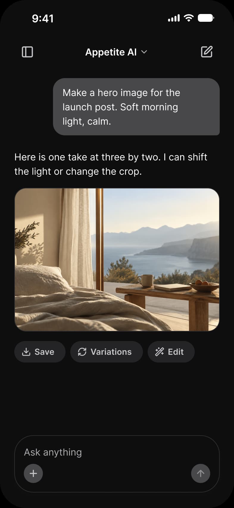 AI image result screen in dark mode: a request for a hero image for the launch post, a reply with a photo of a bedroom looking out over a coastline, and Save, Variations and Edit buttons above the composer