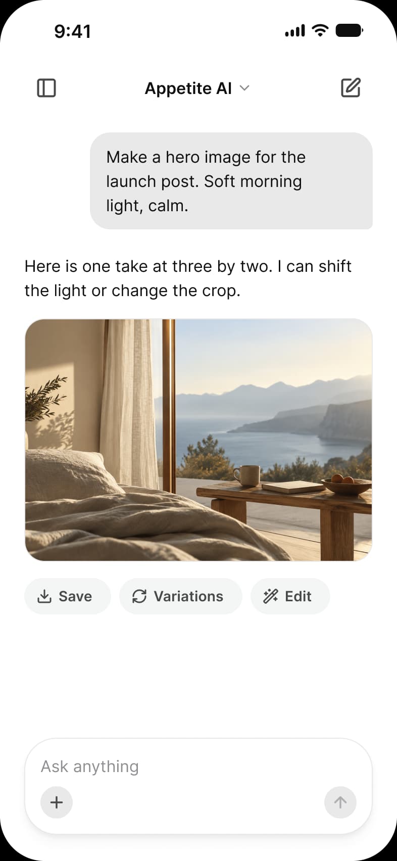 AI image result screen: a request for a hero image for the launch post, a reply with a photo of a bedroom looking out over a coastline, and Save, Variations and Edit buttons above the composer