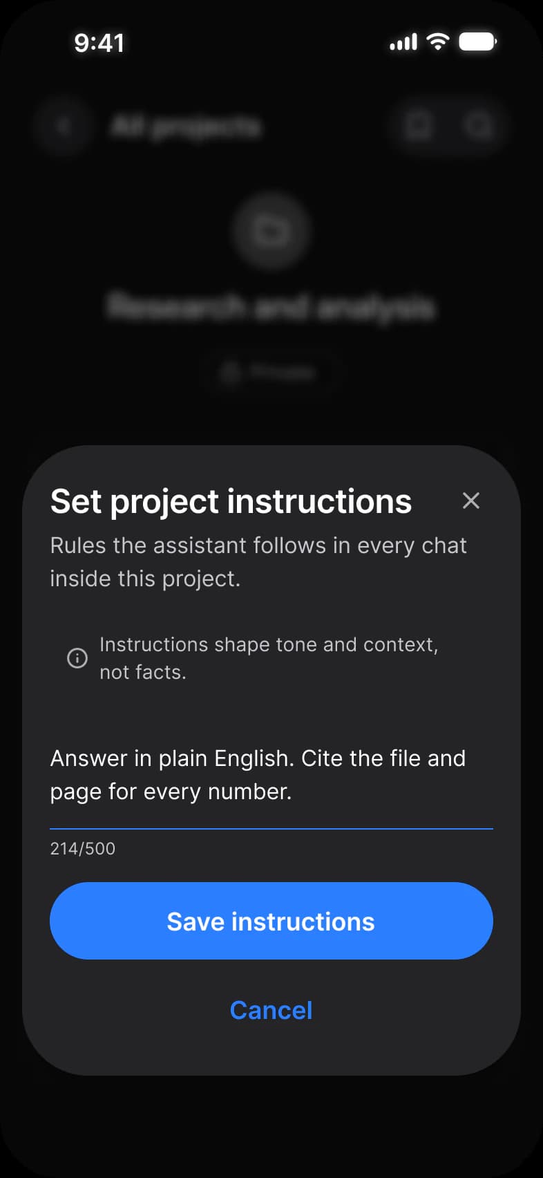 AI project instructions sheet over the dimmed Projects screen in dark mode: Set project instructions, a note that instructions shape tone and context, not facts, a text field at 214 of 500 characters, and Save instructions and Cancel buttons
