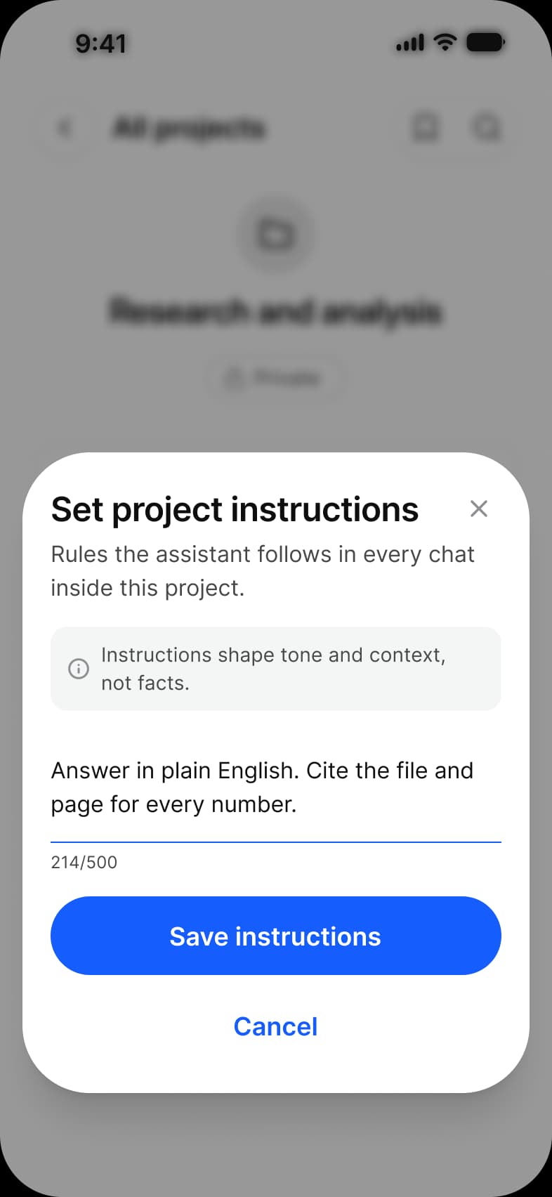 AI project instructions sheet over the dimmed Projects screen: Set project instructions, a note that instructions shape tone and context, not facts, a text field at 214 of 500 characters, and Save instructions and Cancel buttons