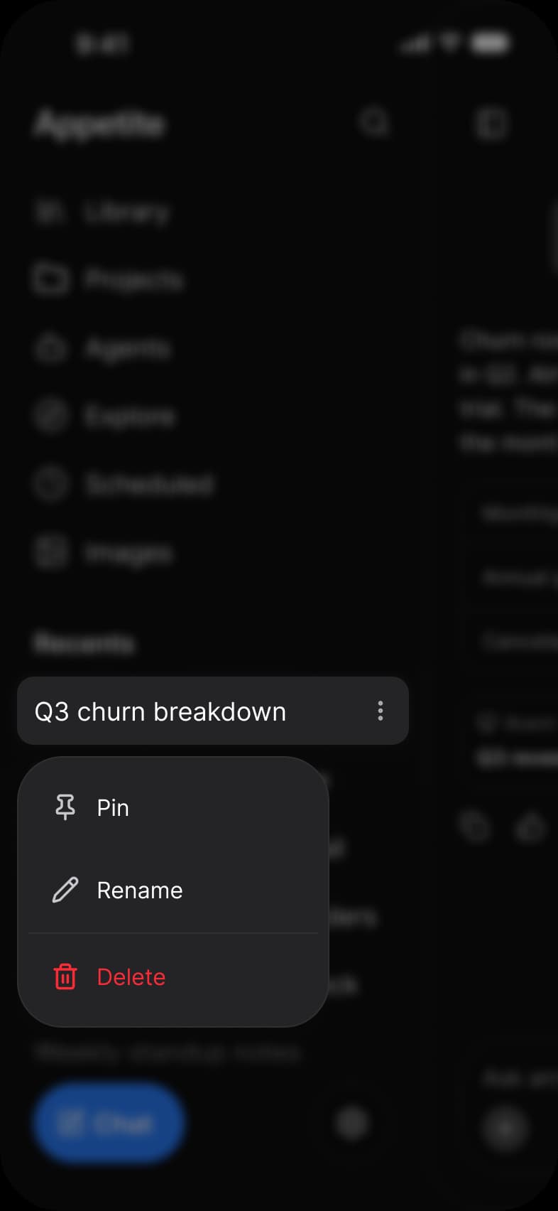 AI manage chat screen in dark mode: the history drawer dimmed behind the Q3 churn breakdown row, which is lifted onto a dark row with a menu below it offering Pin, Rename and a red Delete