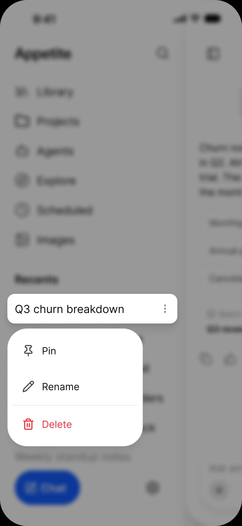 AI manage chat screen: the history drawer dimmed behind the Q3 churn breakdown row, which is lifted onto a white row with a menu below it offering Pin, Rename and a red Delete