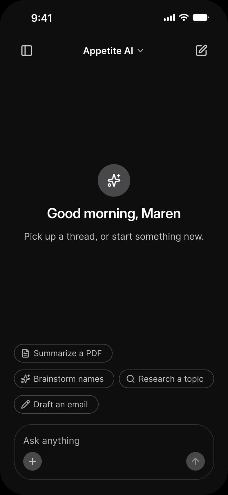 AI new chat screen in dark mode: an Appetite AI model switcher between a sidebar button and a new chat button, a sparkle icon above Good morning, Maren, a line to pick up a thread, four suggestion chips such as Summarize a PDF and Draft an email, and the Ask anything composer