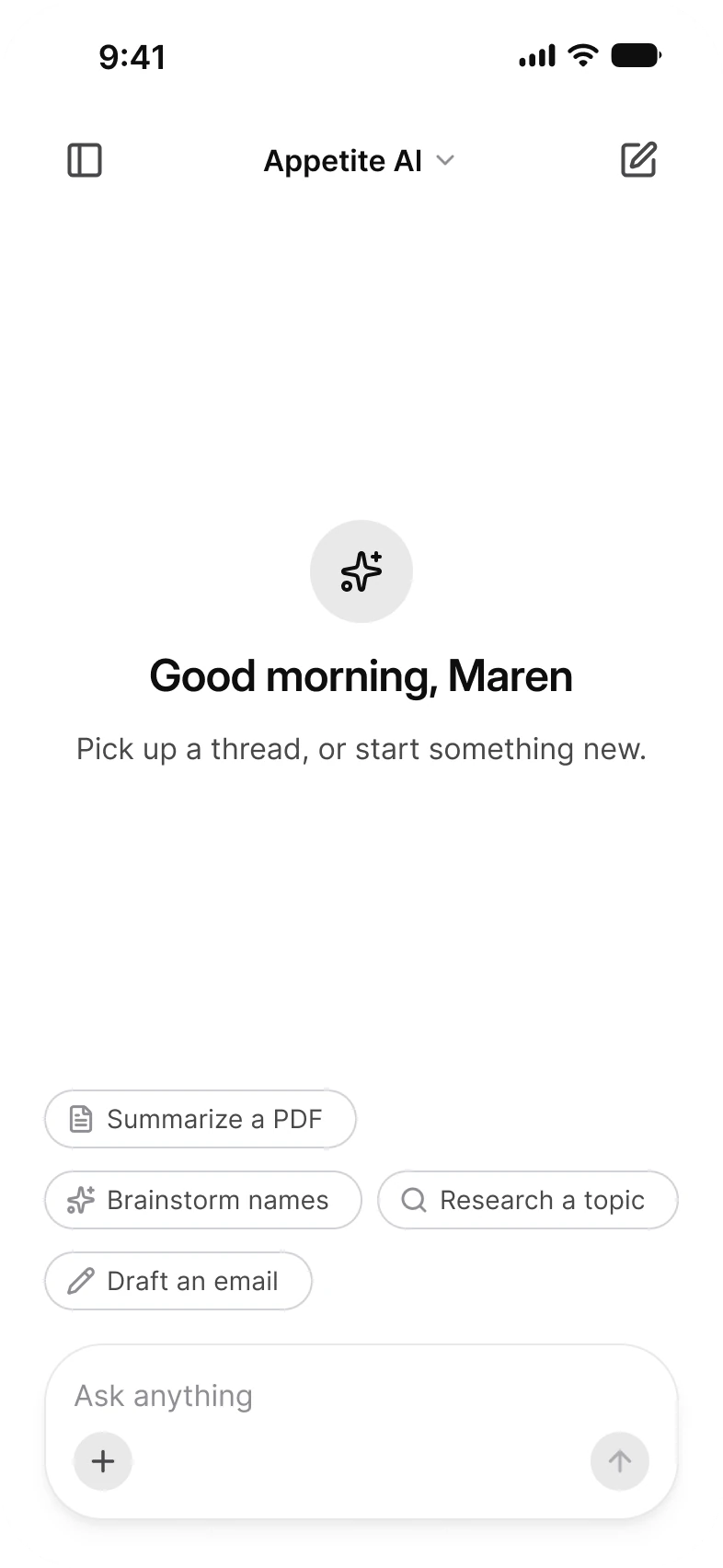 AI new chat screen: an Appetite AI model switcher between a sidebar button and a new chat button, a sparkle icon above Good morning, Maren, a line to pick up a thread, four suggestion chips such as Summarize a PDF and Draft an email, and the Ask anything composer