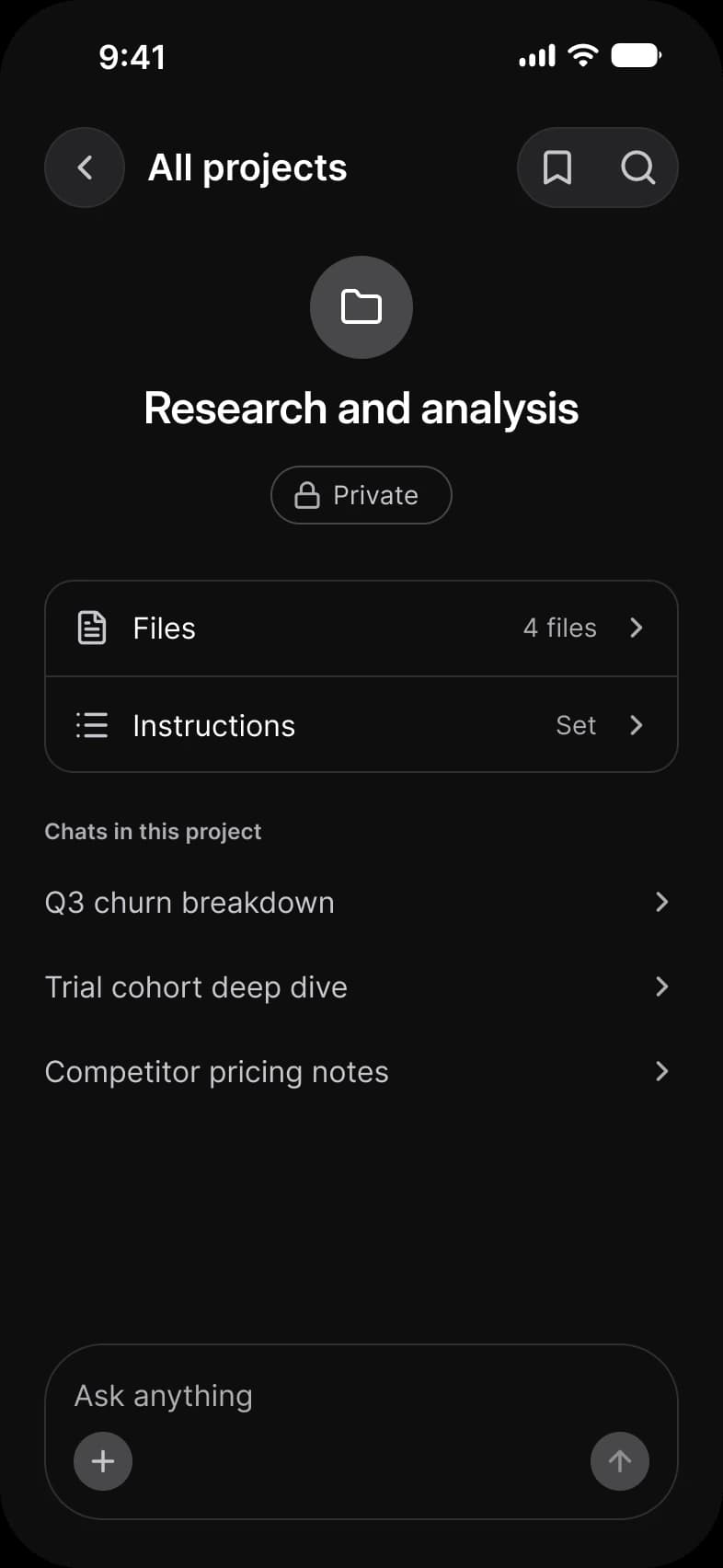 AI projects screen in dark mode: Research and analysis with a Private chip, Files and Instructions rows with a file count and a Set label, and a Chats in this project list of three chats above the composer