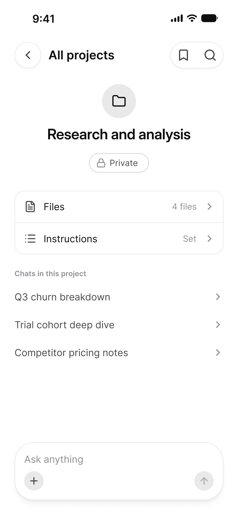 AI projects screen: Research and analysis with a Private chip, Files and Instructions rows with a file count and a Set label, and a Chats in this project list of three chats above the composer