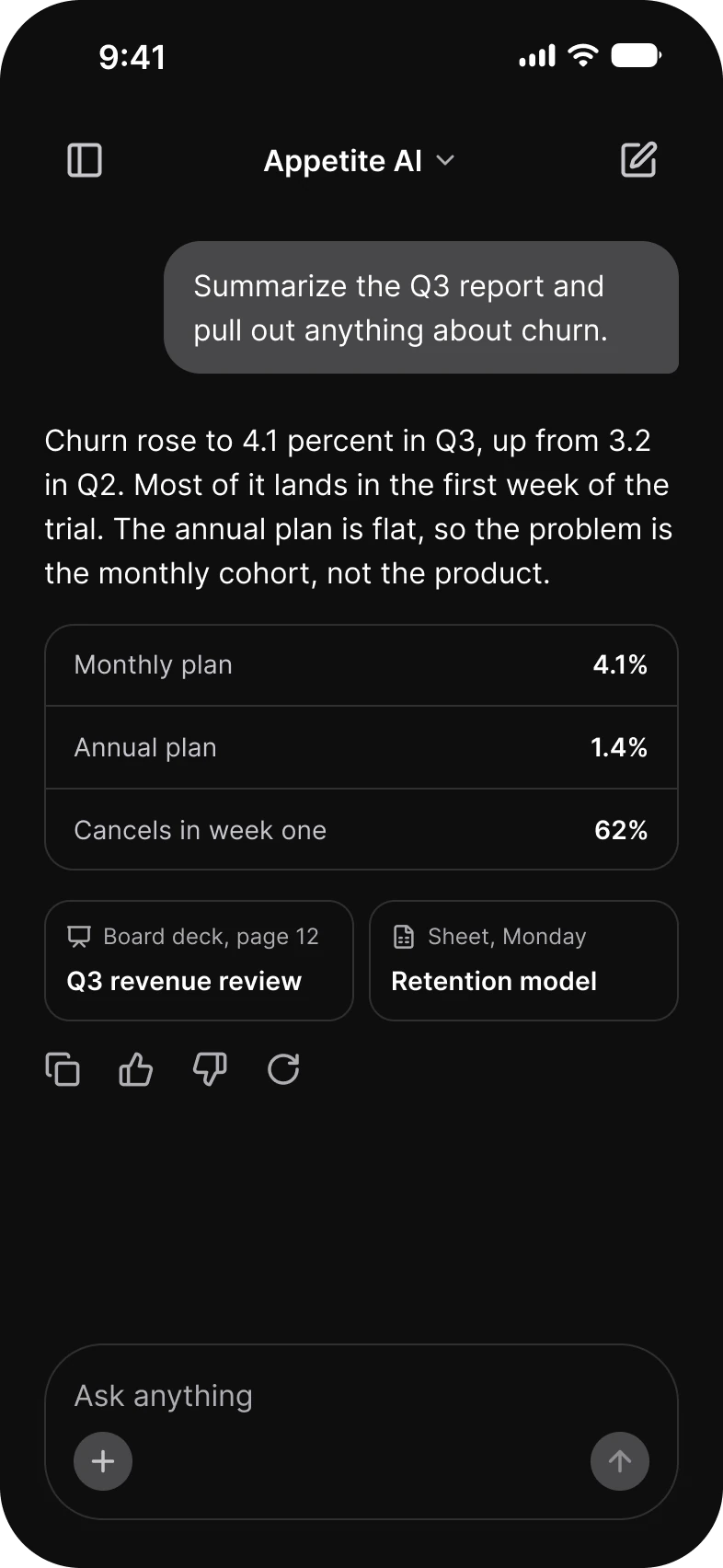 AI thread screen in dark mode: a message asking to summarize the Q3 report, a reply that churn rose to 4.1 percent with a three row table of Monthly plan, Annual plan and Cancels in week one, two source cards, copy, like, dislike and retry actions, and the composer