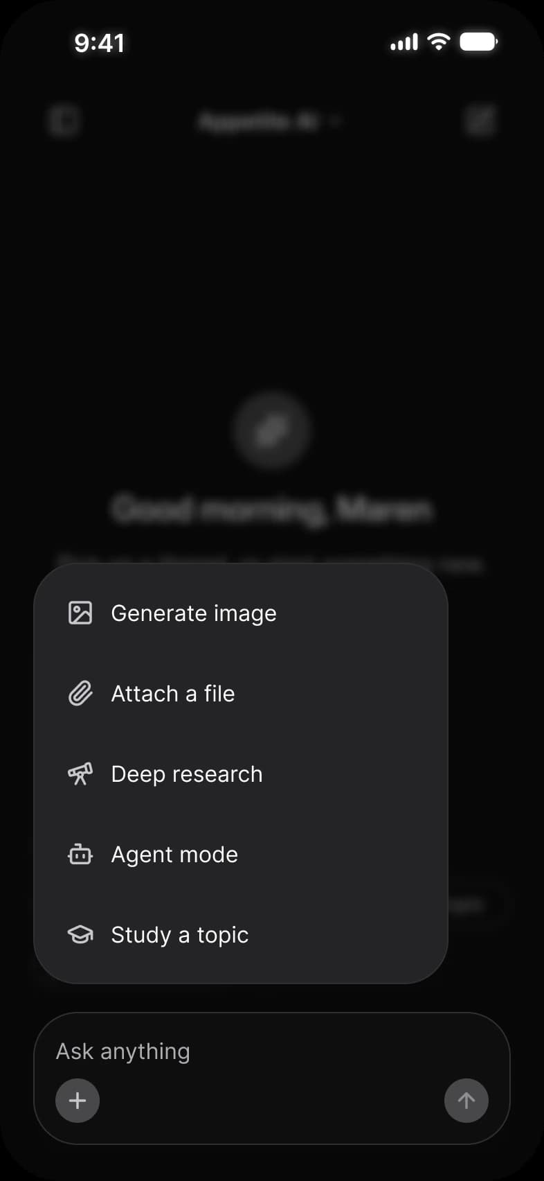 AI tools menu over a blurred new chat screen in dark mode: a card listing Generate image, Attach a file, Deep research, Agent mode and Study a topic above the Ask anything composer