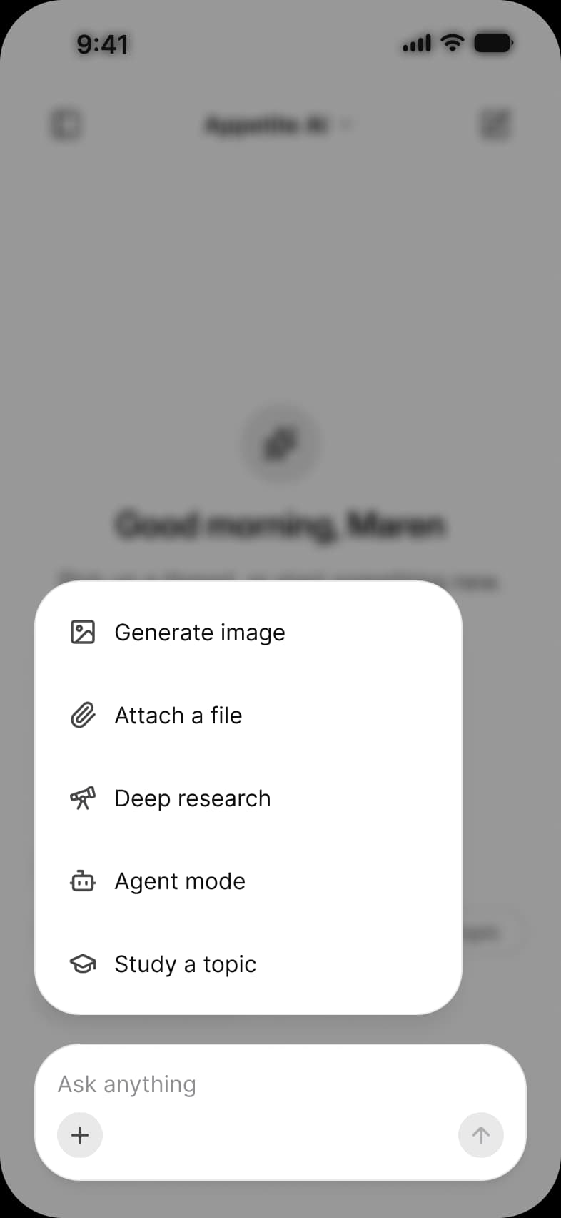AI tools menu over a blurred new chat screen: a card listing Generate image, Attach a file, Deep research, Agent mode and Study a topic above the Ask anything composer