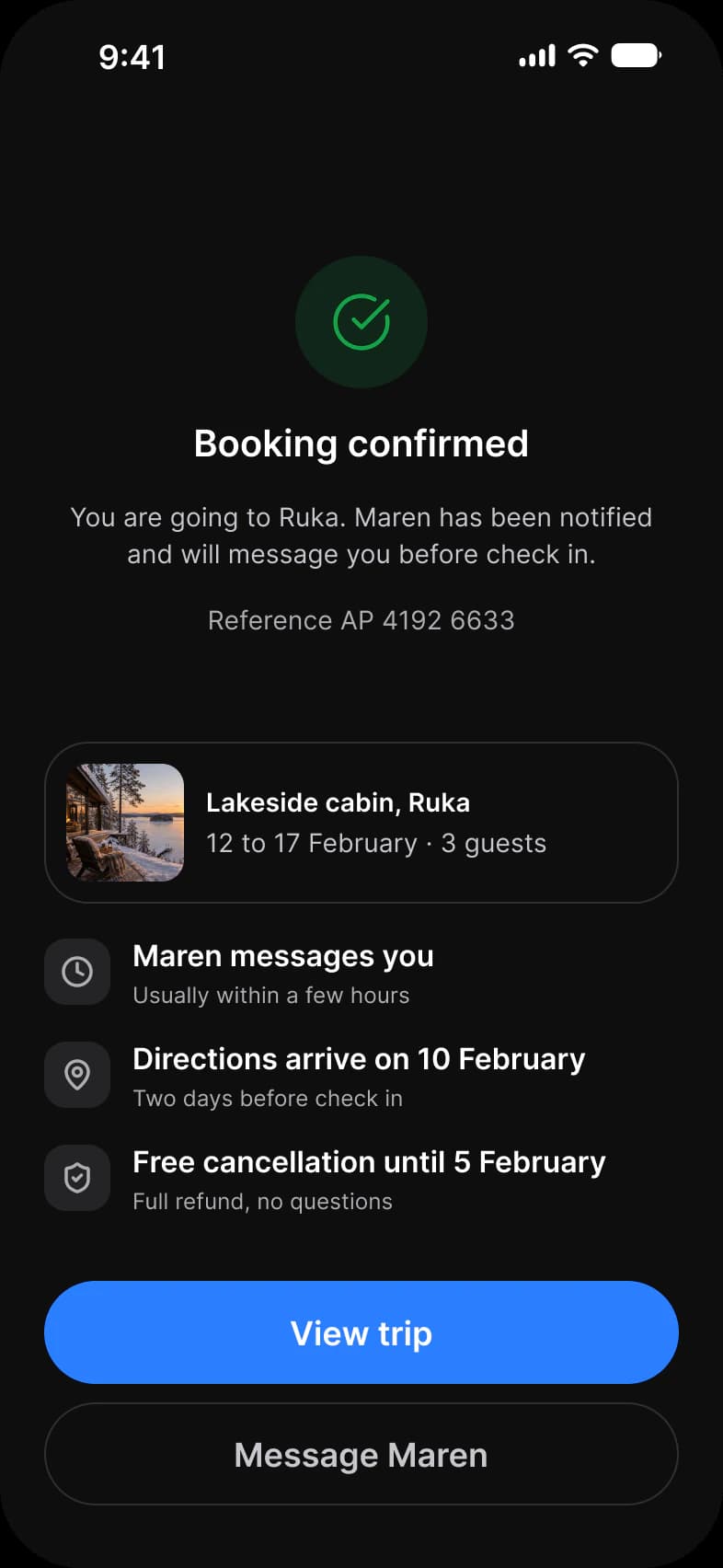 Booking app Confirmed screen in dark mode: a green check, Booking confirmed with a reference number, a trip summary card, three next-step rows and View trip and Message Maren buttons