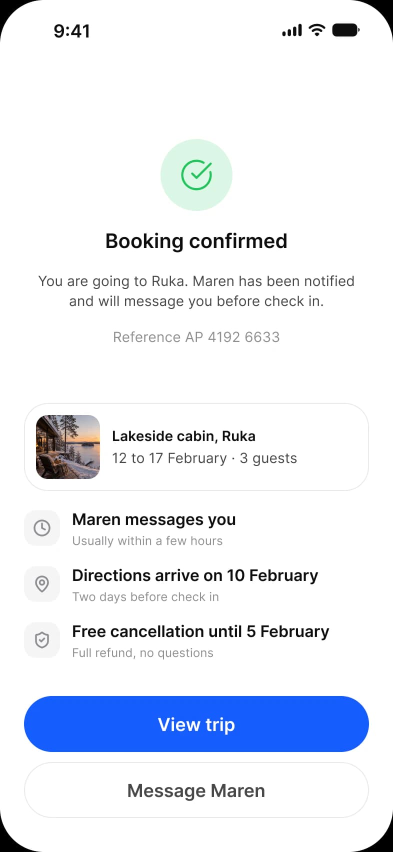 Booking app Confirmed screen: a green check, Booking confirmed with a reference number, a trip summary card, three next-step rows and View trip and Message Maren buttons