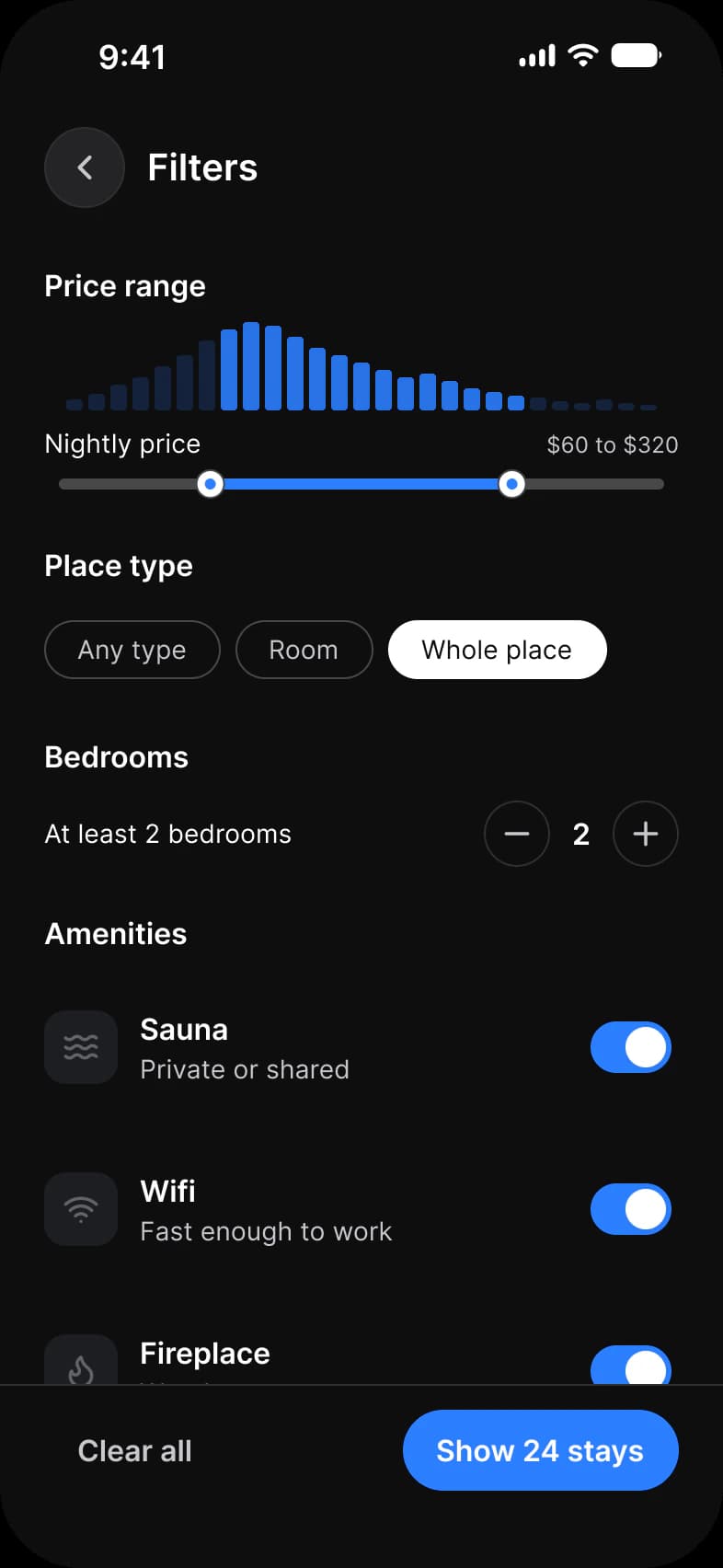 Booking app Filters screen in dark mode: a Price range slider from $60 to $320 under a price histogram, Any type, Room and Whole place chips, a Bedrooms stepper set to 2, Amenities rows with switches, and Clear all and Show 24 stays buttons