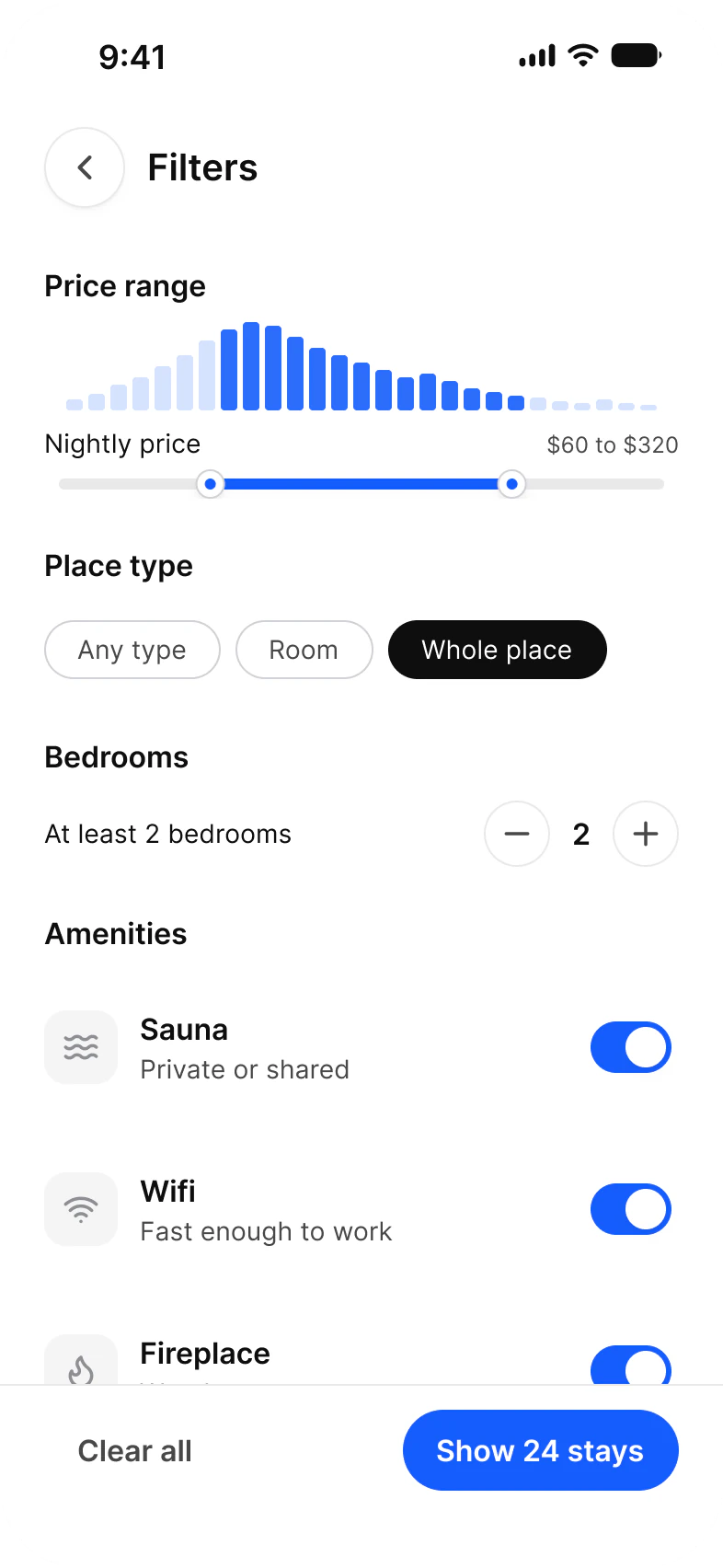 Booking app Filters screen: a Price range slider from $60 to $320 under a price histogram, Any type, Room and Whole place chips, a Bedrooms stepper set to 2, Amenities rows with switches, and Clear all and Show 24 stays buttons