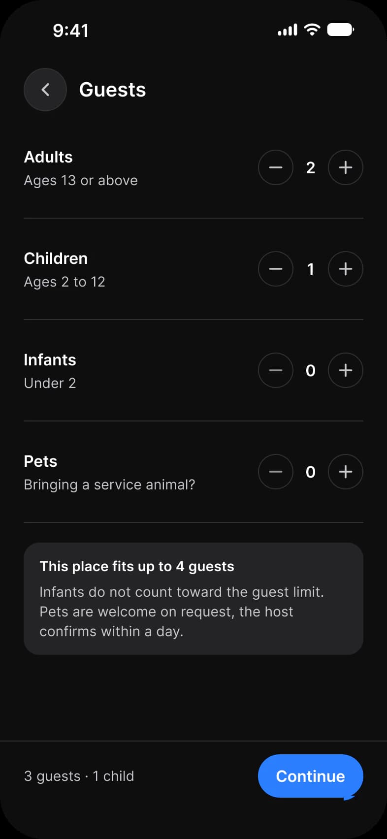 Booking app Guests screen in dark mode: steppers for Adults 2, Children 1, Infants 0 and Pets 0, a note that the place fits up to 4 guests, and a Continue button beside 3 guests, 1 child