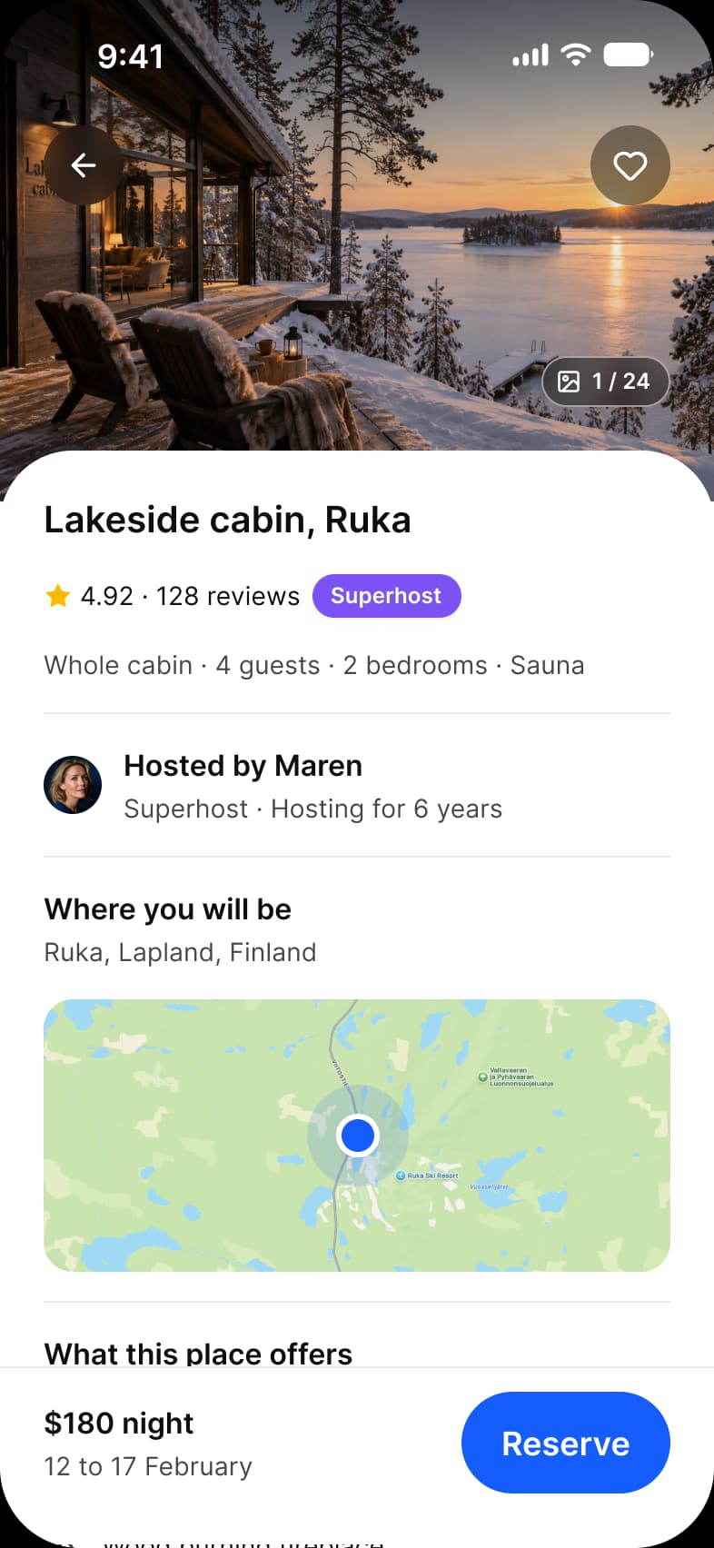 Booking app Listing screen: a full-bleed cabin photo with back and favorite buttons and a 1 of 24 count, Lakeside cabin in Ruka rated 4.92 from 128 reviews with a Superhost badge, host Maren, a map, amenities, and a bar with $180 night and a Reserve button