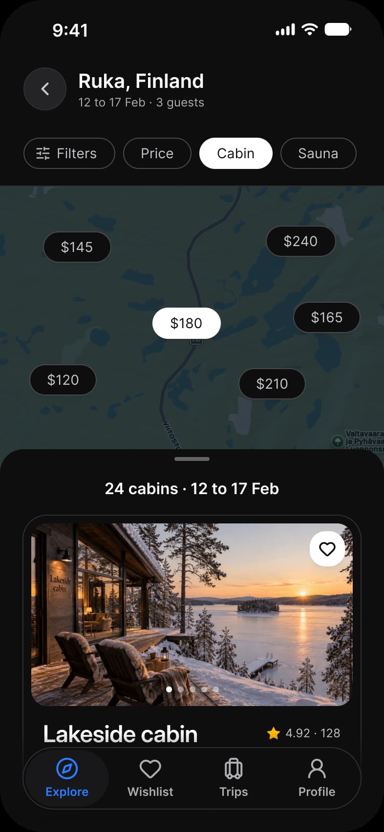 Booking app Results screen in dark mode: Ruka, Finland with 12 to 17 Feb and 3 guests above Filters, Price, Cabin and Sauna chips, a map with six price pins from $120 to $240 and the $180 pin selected, and a sheet that opens on 24 cabins and a Lakeside cabin card