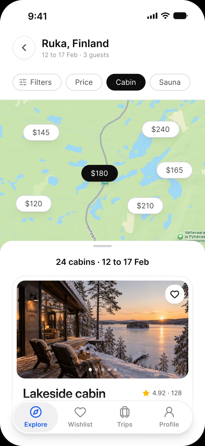 Booking app Results screen: Ruka, Finland with 12 to 17 Feb and 3 guests above Filters, Price, Cabin and Sauna chips, a map with six price pins from $120 to $240 and the $180 pin selected, and a sheet that opens on 24 cabins and a Lakeside cabin card