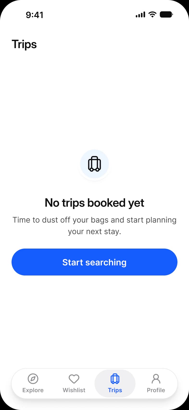 Booking app Trips screen with no bookings: a suitcase icon, No trips booked yet, one line of guidance and a Start searching button above a floating tab bar