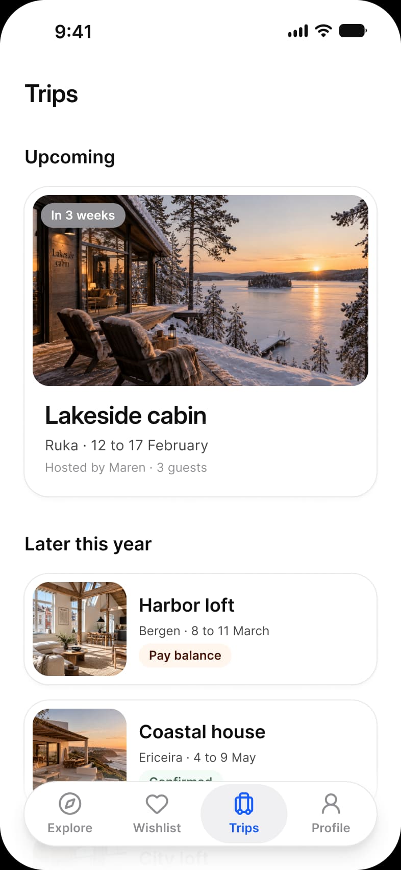 Booking app Trips screen: an Upcoming card for Lakeside cabin with an In 3 weeks label, and Later this year rows for Harbor loft with a Pay balance label and Coastal house with a Confirmed label, above a floating tab bar