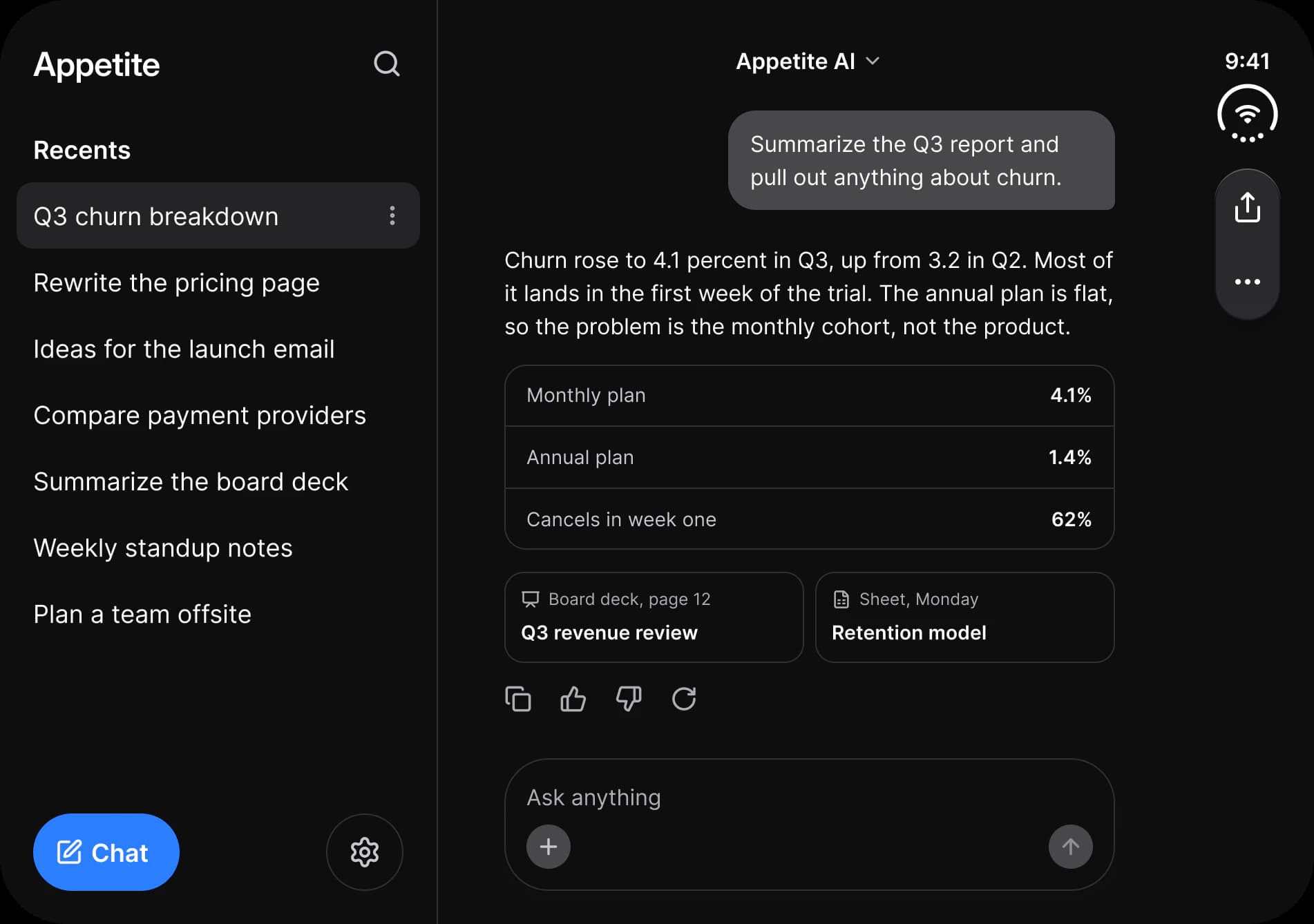 Dark theme. Appetite AI on the inner display: a Recents sidebar with seven chats and a Chat button on the left, the churn conversation with its composer on the right, and a rail with the status mark and the share and more buttons.