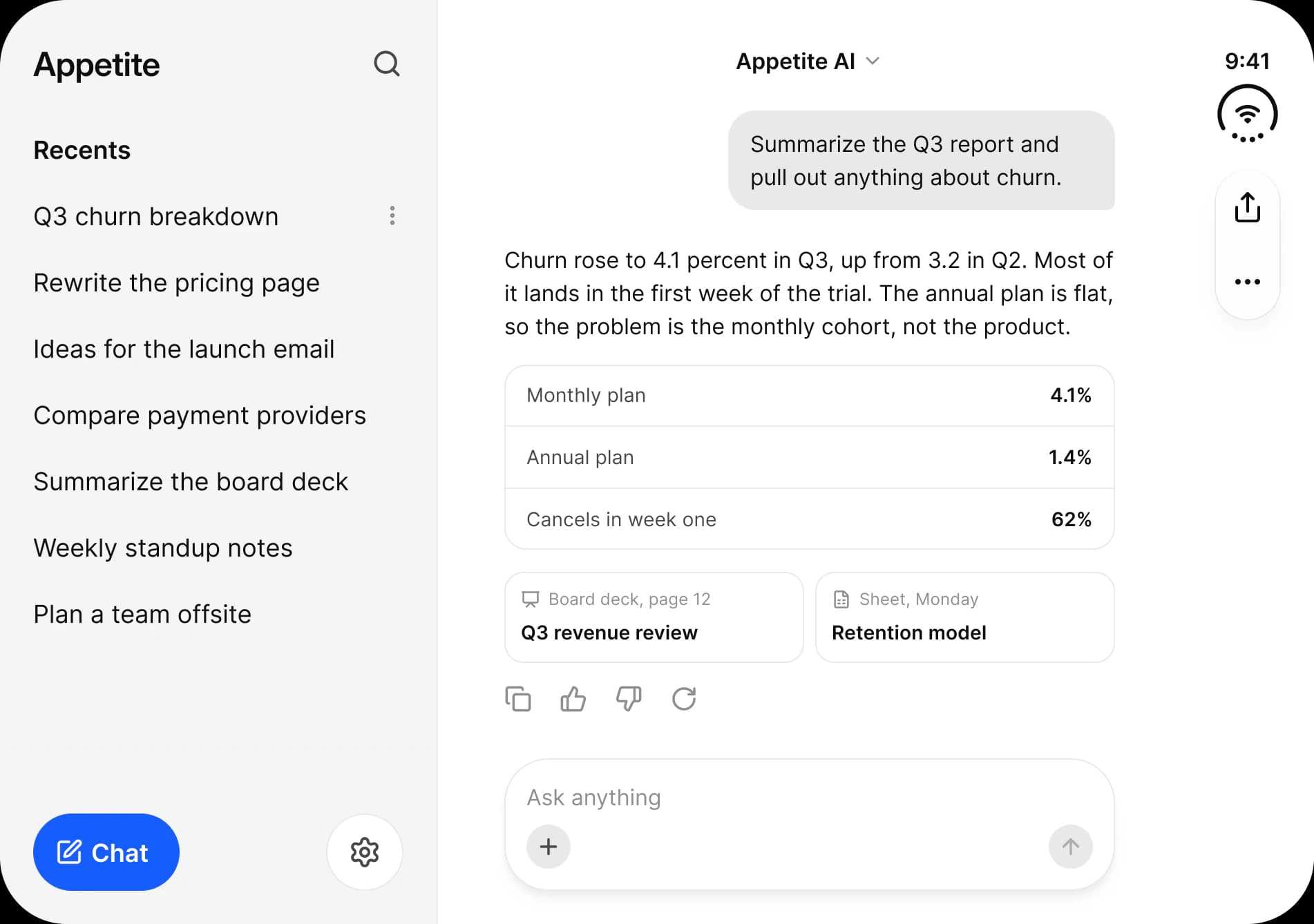 Appetite AI on the inner display: a Recents sidebar with seven chats and a Chat button on the left, the churn conversation with its composer on the right, and a rail with the status mark and the share and more buttons.