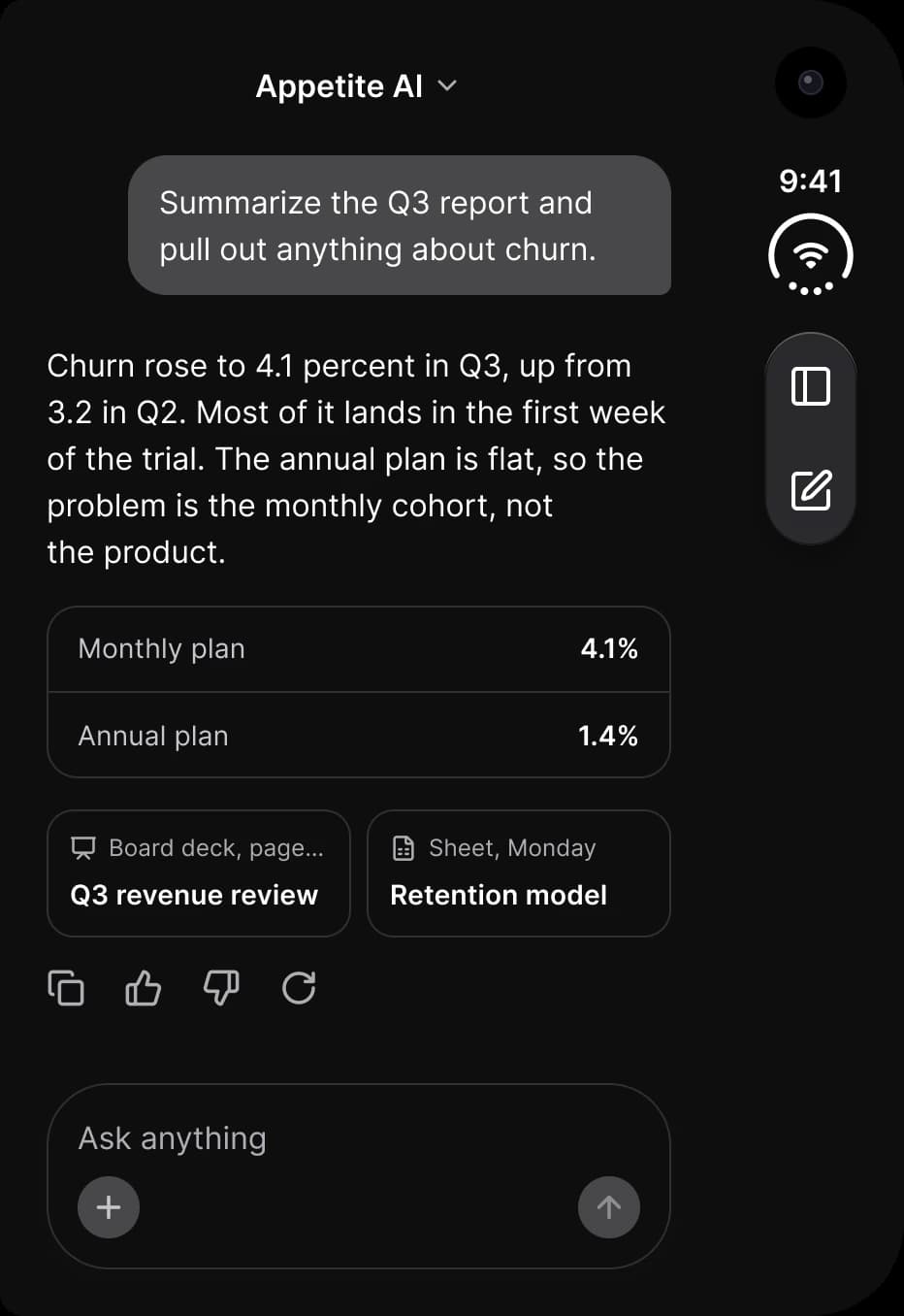 Dark theme. Appetite AI on the outer display: a conversation about Q3 churn with a two row plan table, two source cards, feedback icons and an Ask anything composer, and a rail with the status mark and two toolbar buttons.