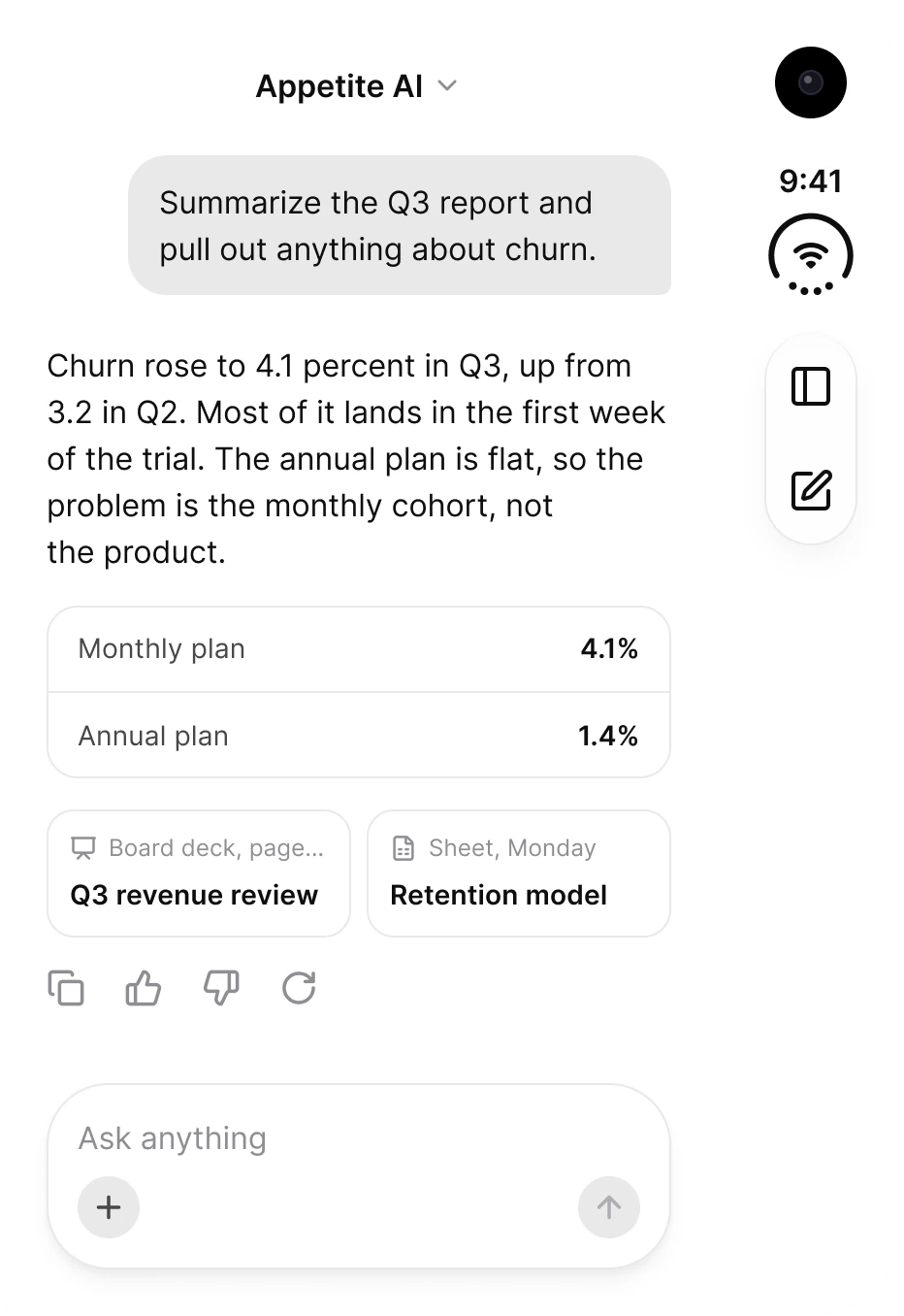 Appetite AI on the outer display: a conversation about Q3 churn with a two row plan table, two source cards, feedback icons and an Ask anything composer, and a rail with the status mark and two toolbar buttons.