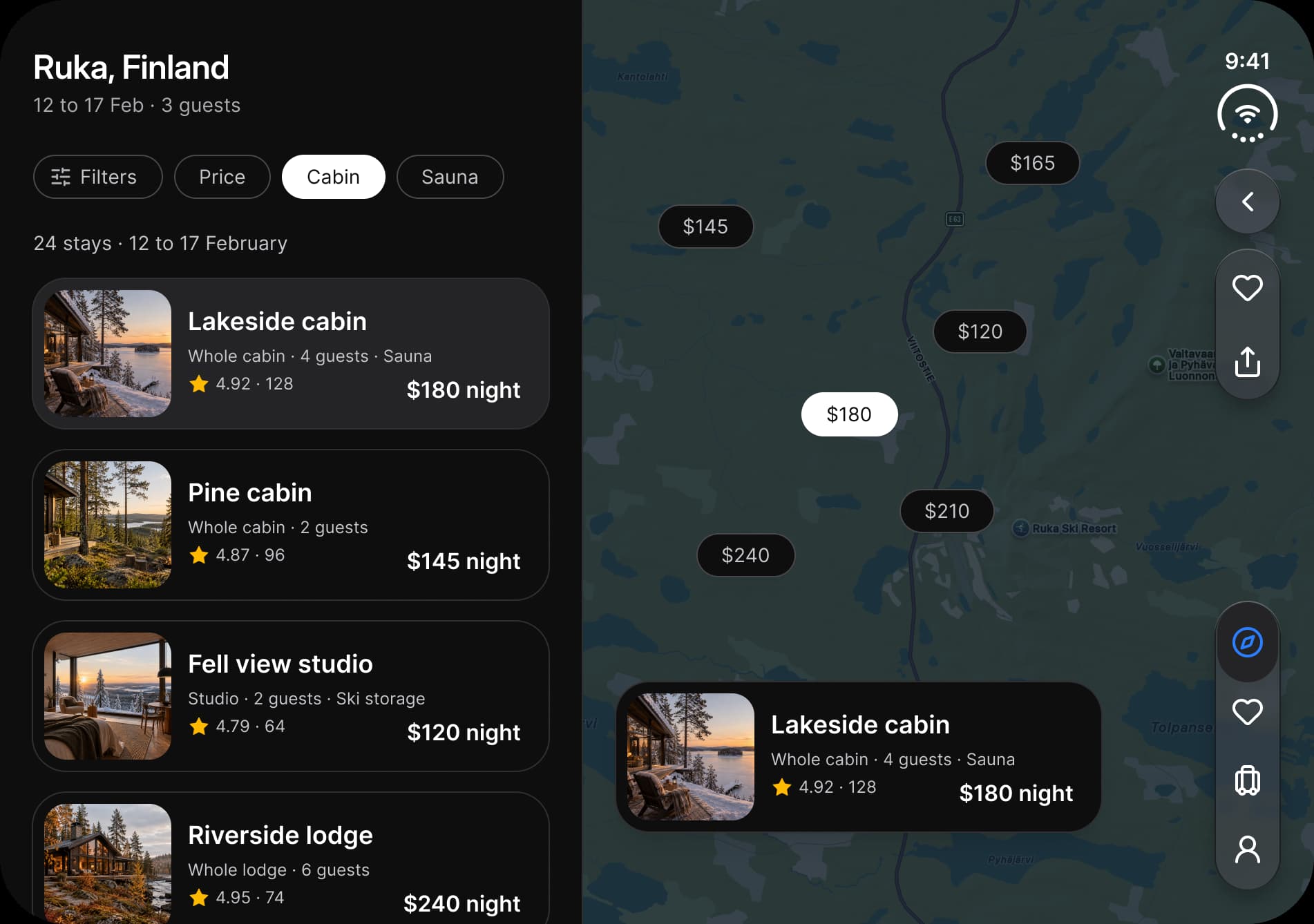 Dark theme. Booking on the inner display: the list of stays on the left, and on the right a map of Ruka with price pins and a card for the selected Lakeside cabin.