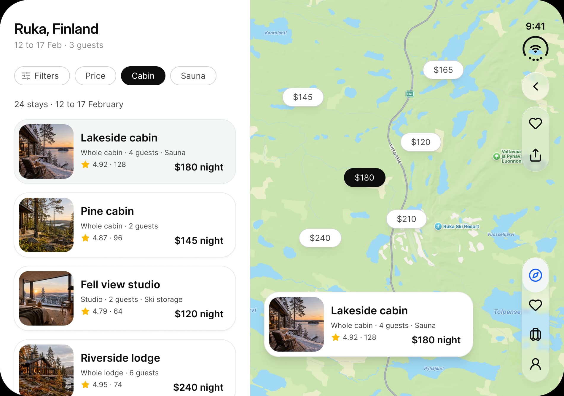The Appetite UI Booking app on the iPhone Duo inner display: stay results for Ruka beside a map with price pins, and a rail on the trailing edge with the status mark, a back button, a favorite and a share button and a four icon tab bar