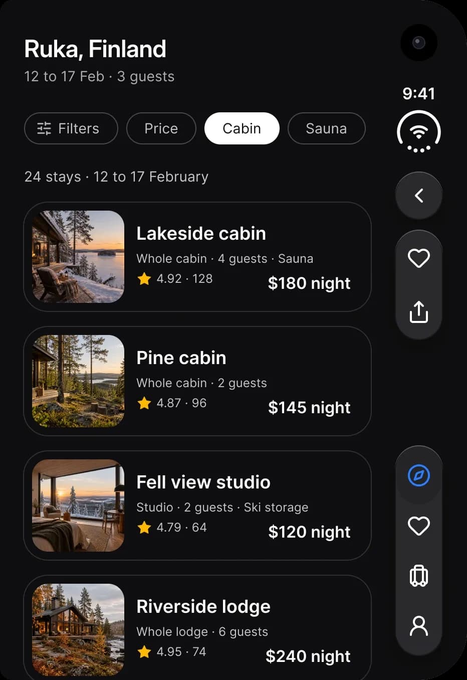 Dark theme. Booking on the outer display: stay results for Ruka, Finland with filter chips and four cabin cards showing rating and price per night, a back button, a favorite and a share button on the toolbar rail and a four icon tab bar.