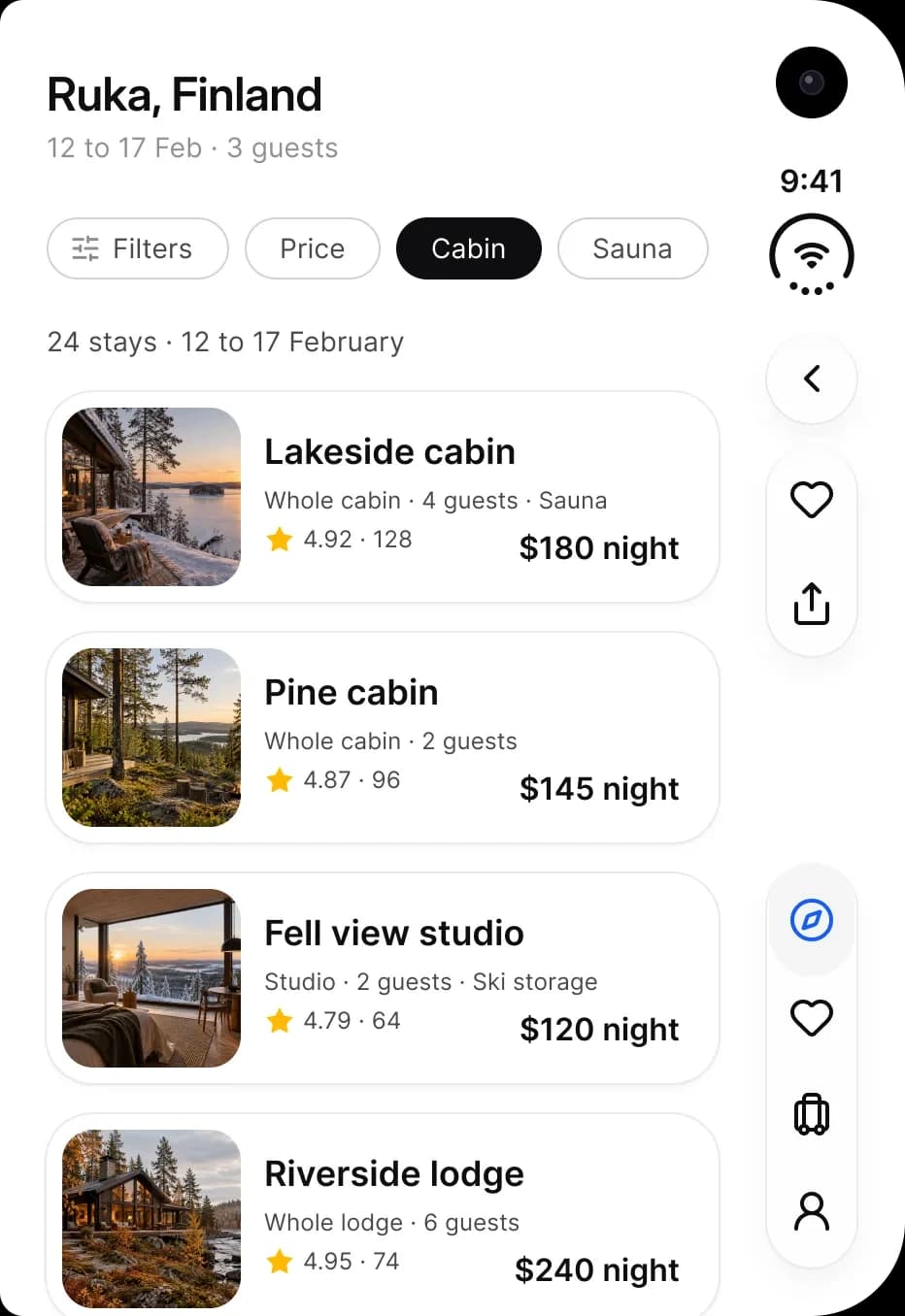 Booking on the outer display: stay results for Ruka, Finland with filter chips and four cabin cards showing rating and price per night, a back button, a favorite and a share button on the toolbar rail and a four icon tab bar.