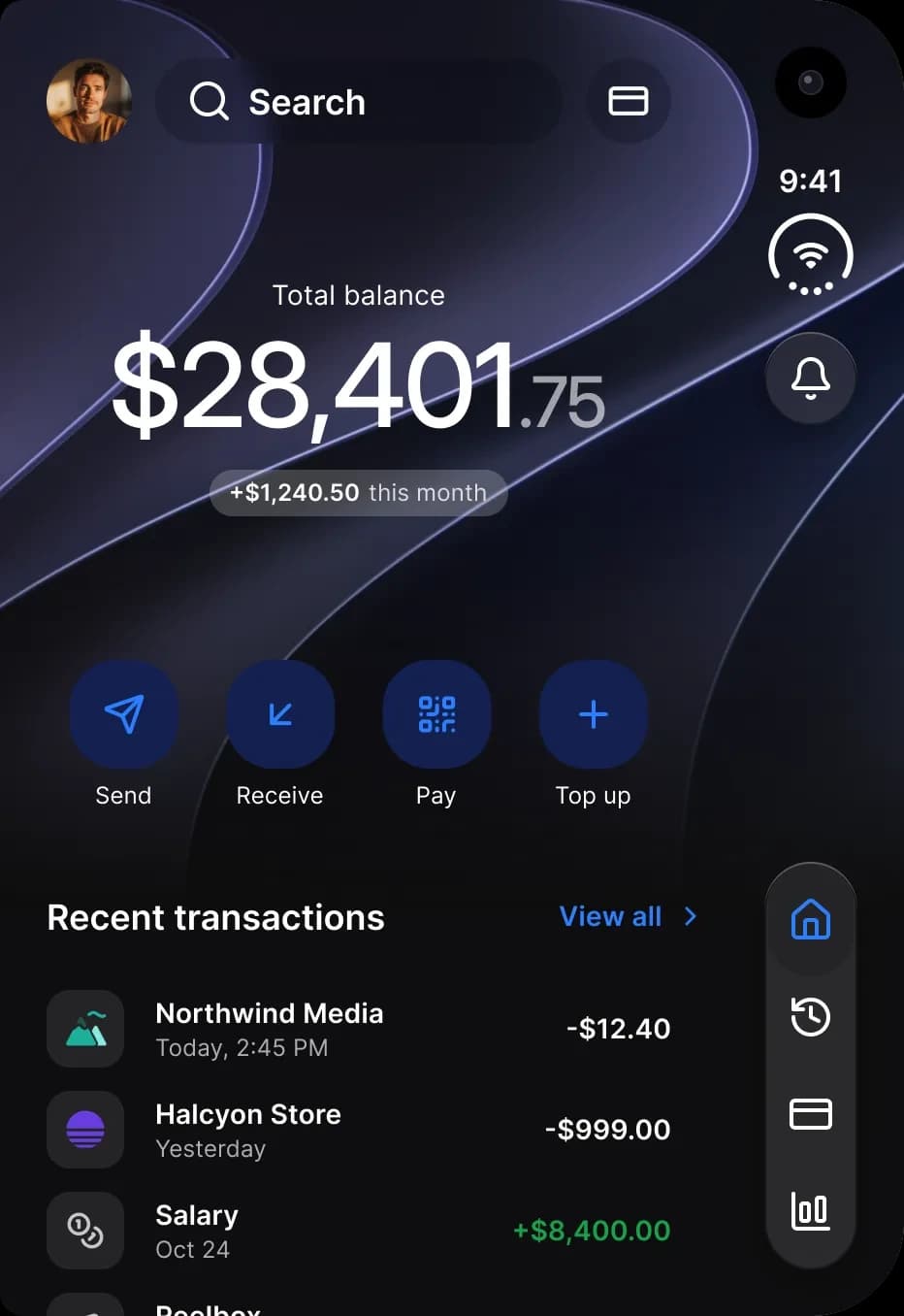 Dark theme. Finance on the outer display: a blue header with a total balance of 28,401 dollars and 75 cents, four quick actions named Send, Receive, Pay and Top up, and a Recent transactions list, with a four icon tab bar on the rail.
