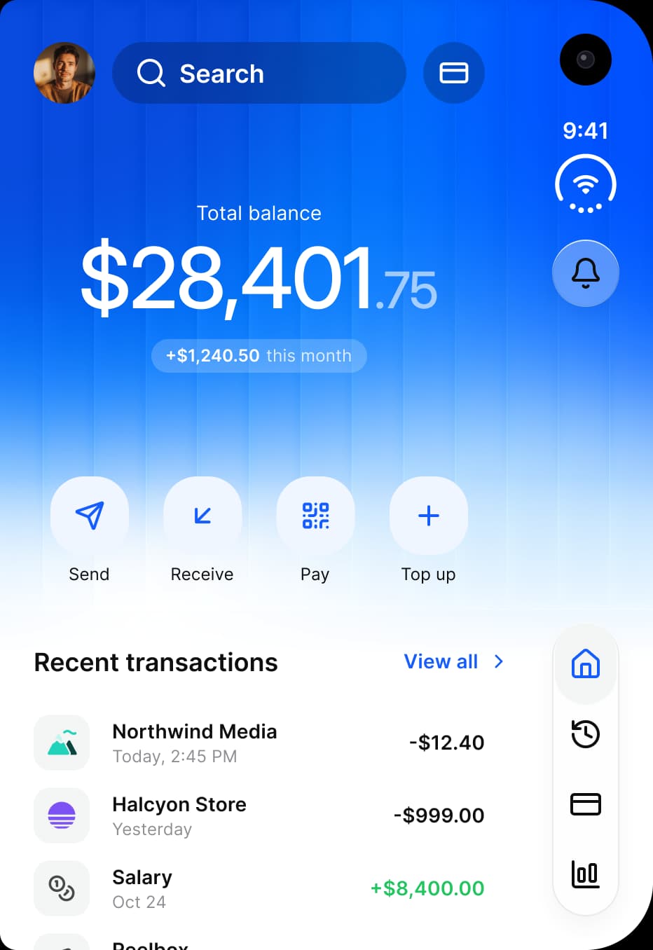 Finance on the outer display: a blue header with a total balance of 28,401 dollars and 75 cents, four quick actions named Send, Receive, Pay and Top up, and a Recent transactions list, with a four icon tab bar on the rail.