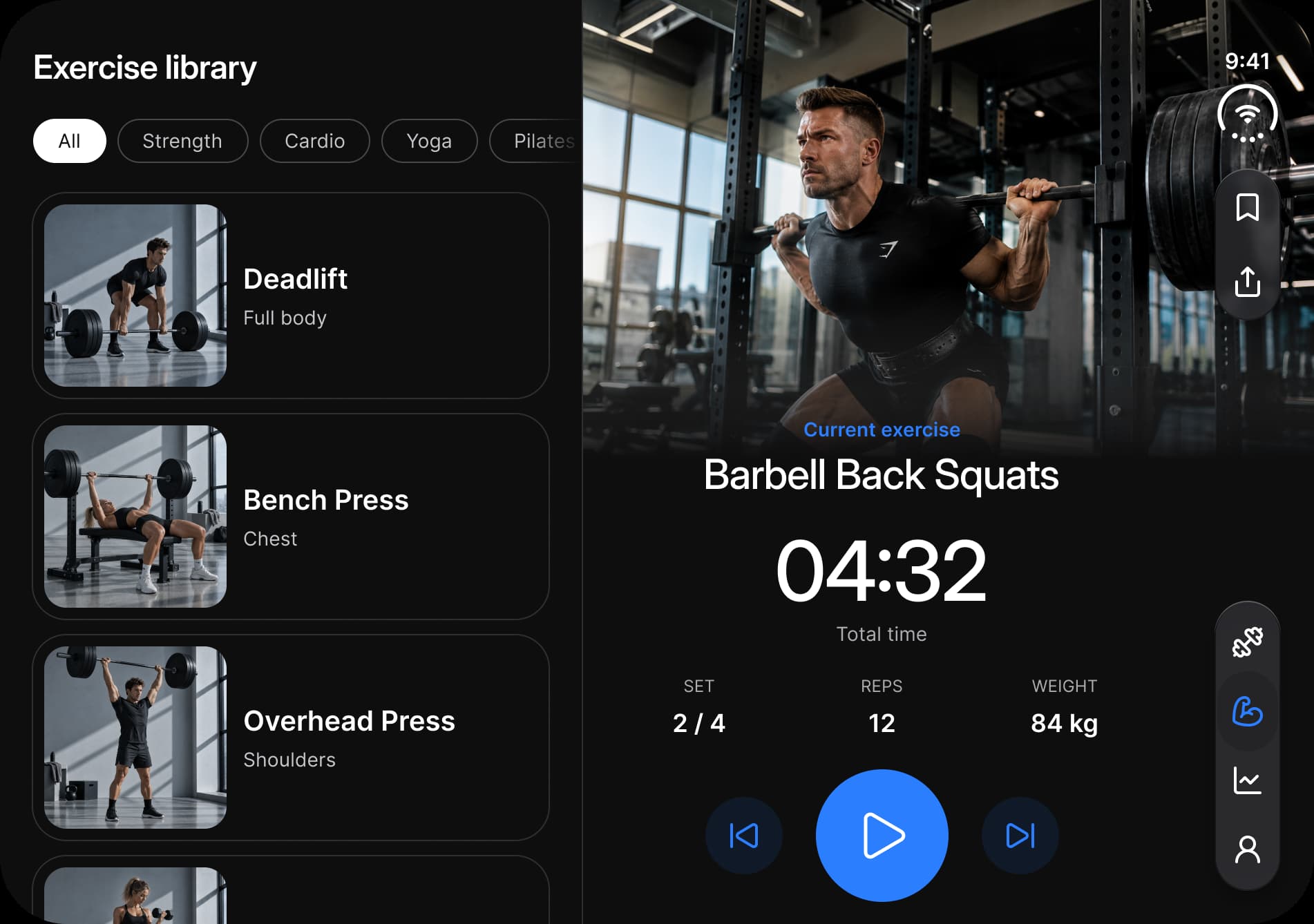 Dark theme. Fitness on the inner display: the exercise library on the left, and on the right a Barbell Back Squats session over a photo with a 04:32 timer, set, reps and weight, and previous, play and next buttons.