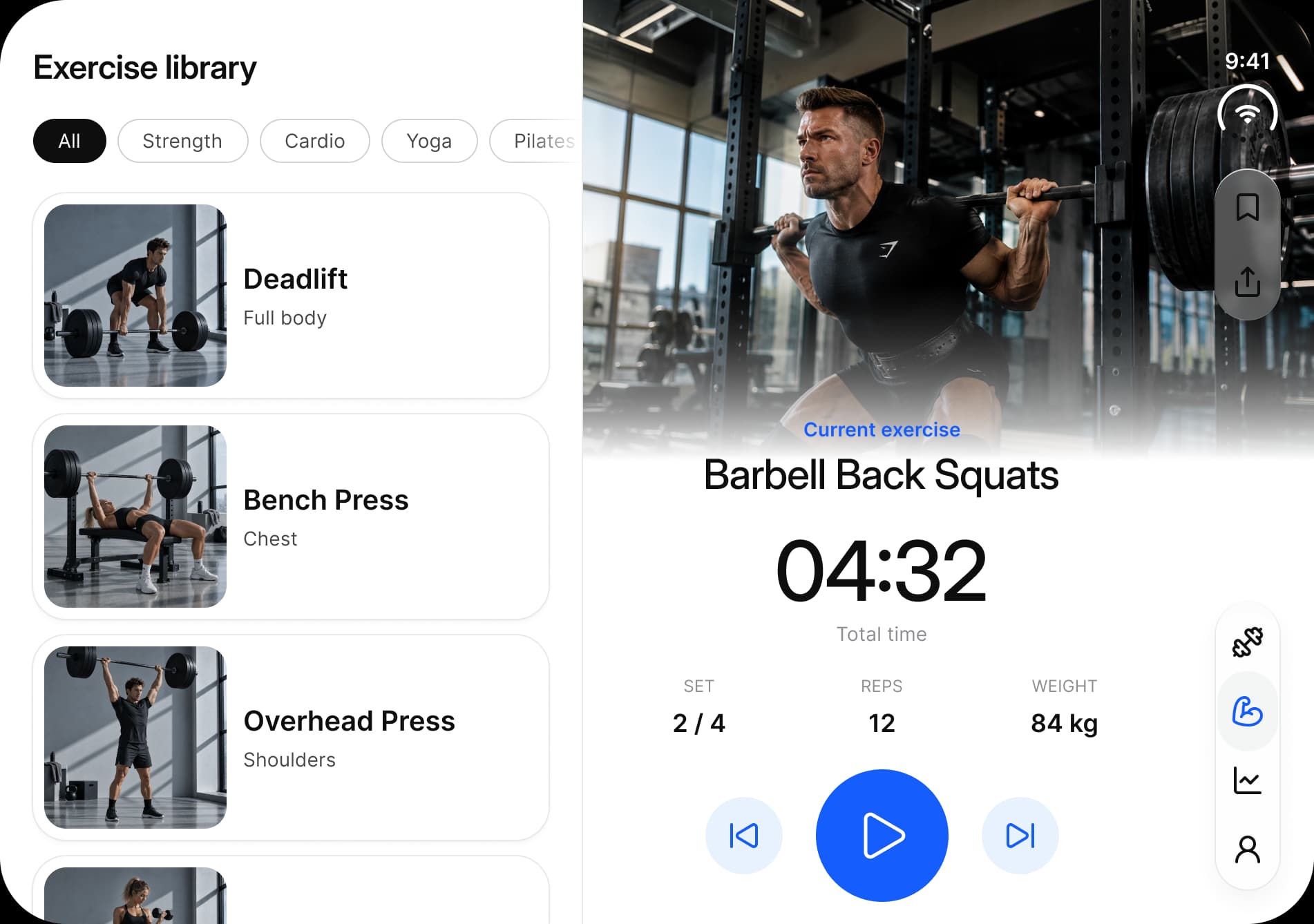 Fitness on the inner display: the exercise library on the left, and on the right a Barbell Back Squats session over a photo with a 04:32 timer, set, reps and weight, and previous, play and next buttons.