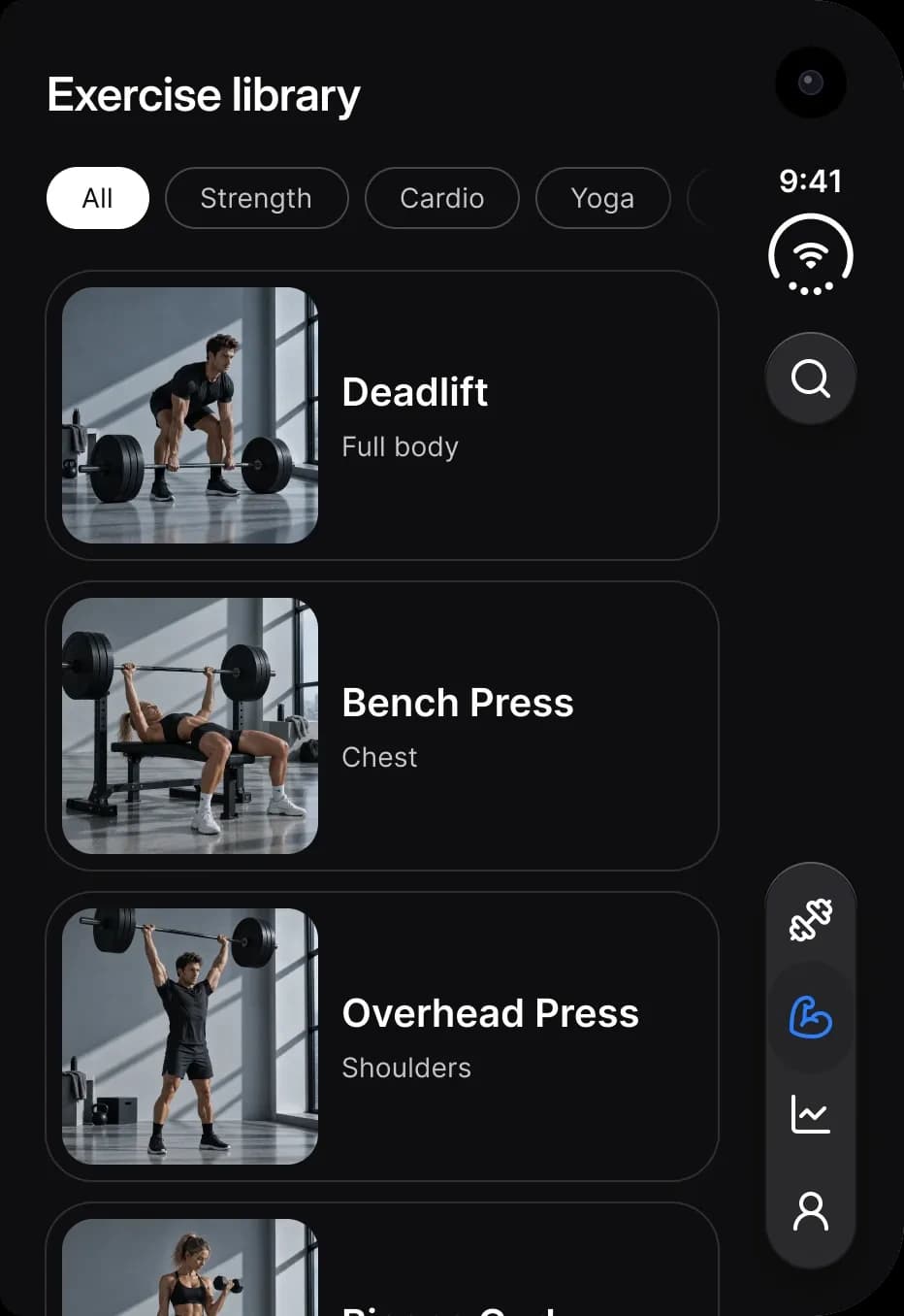 Dark theme. Fitness on the outer display: an Exercise library with category chips and cards for Deadlift, Bench Press and Overhead Press, a search button and a four icon tab bar on the rail.