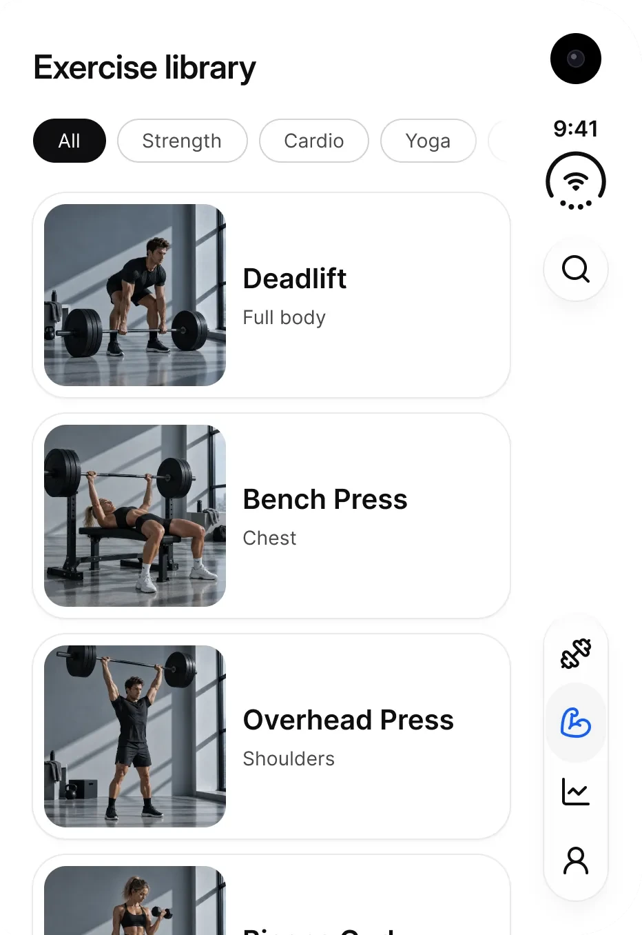 Fitness on the outer display: an Exercise library with category chips and cards for Deadlift, Bench Press and Overhead Press, a search button and a four icon tab bar on the rail.