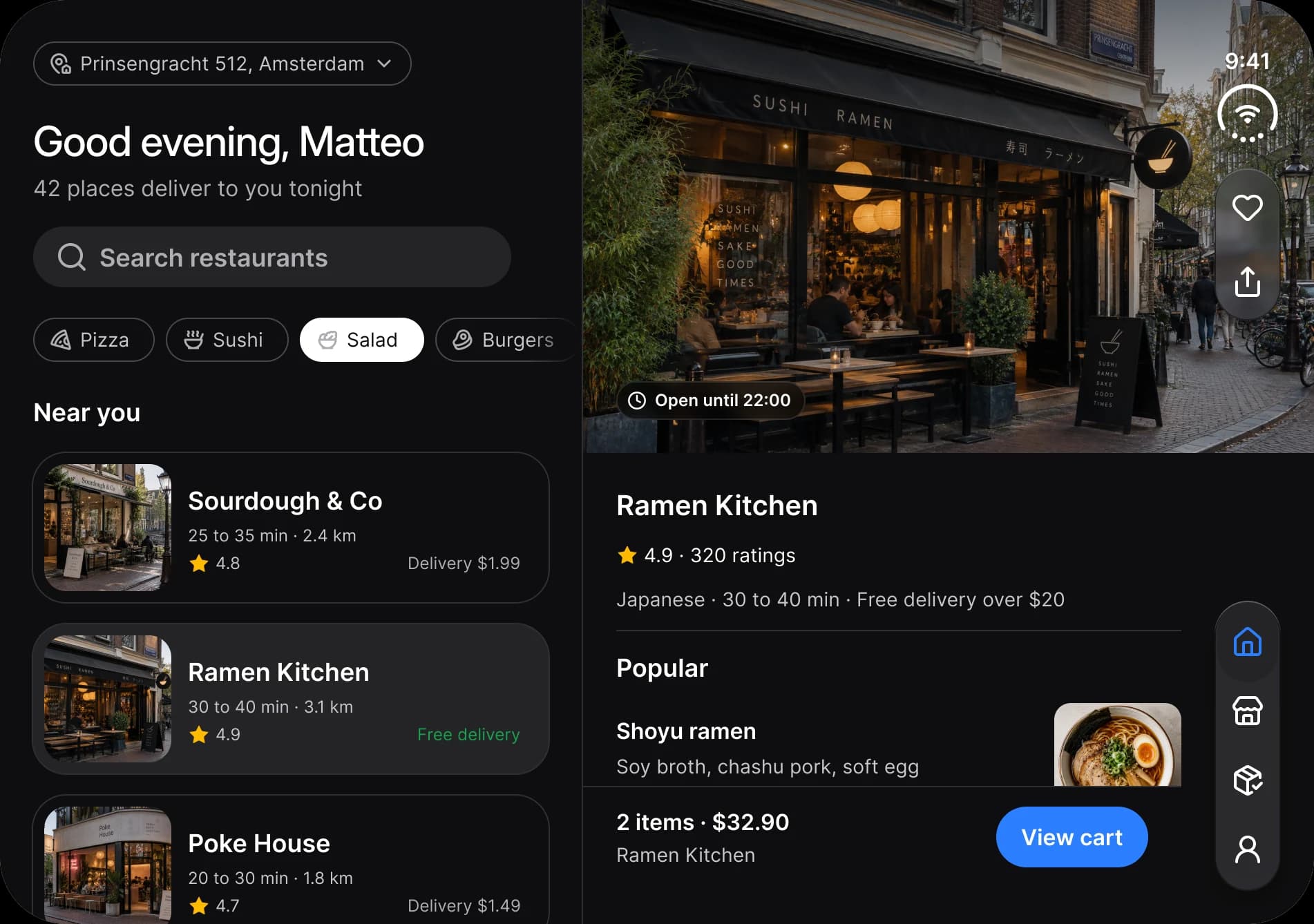 Dark theme. Foodie on the inner display: the list of restaurants on the left, and on the right the Ramen Kitchen page with a cover photo, rating, popular dishes and a View cart bar.