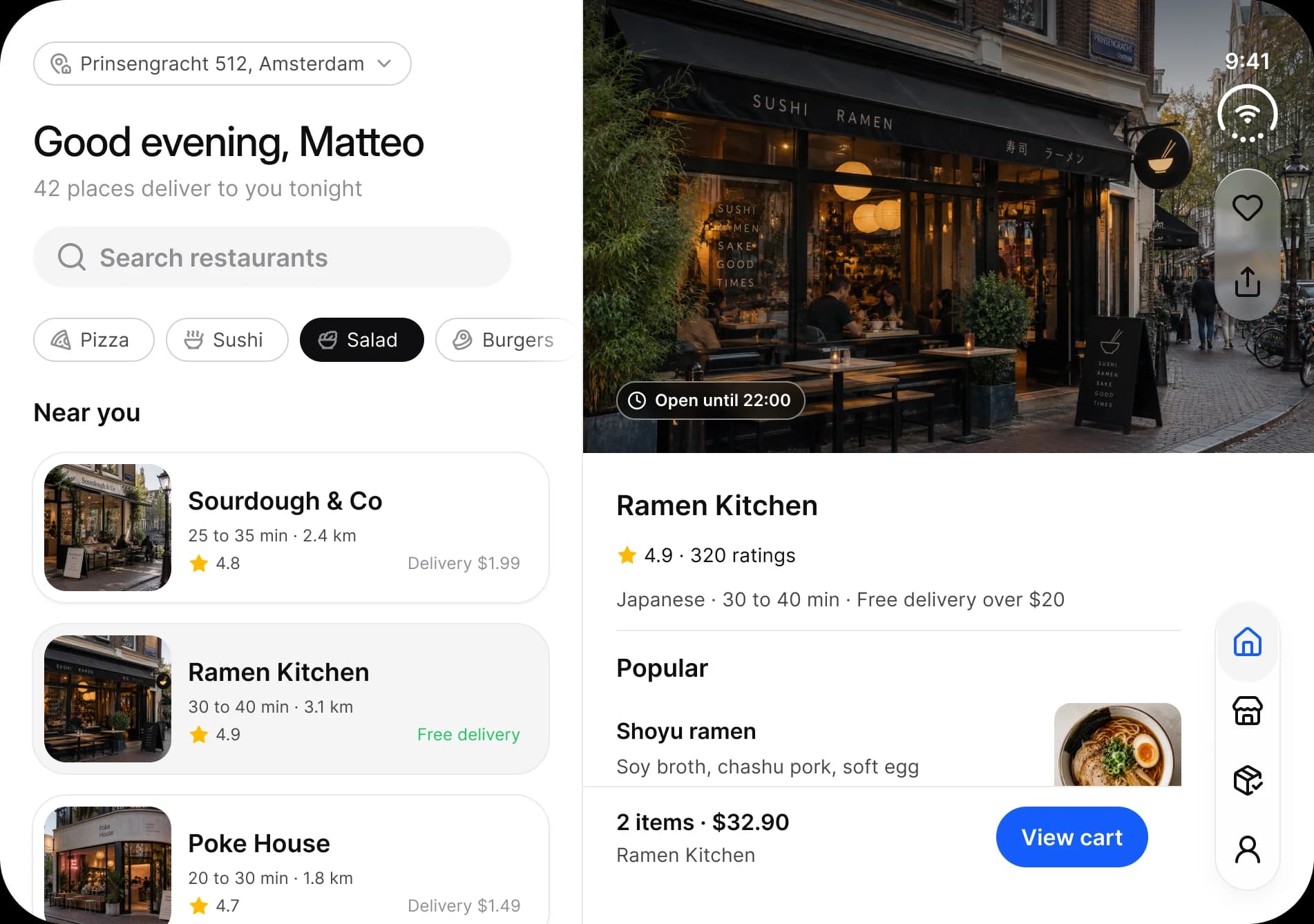 Foodie on the inner display: the list of restaurants on the left, and on the right the Ramen Kitchen page with a cover photo, rating, popular dishes and a View cart bar.