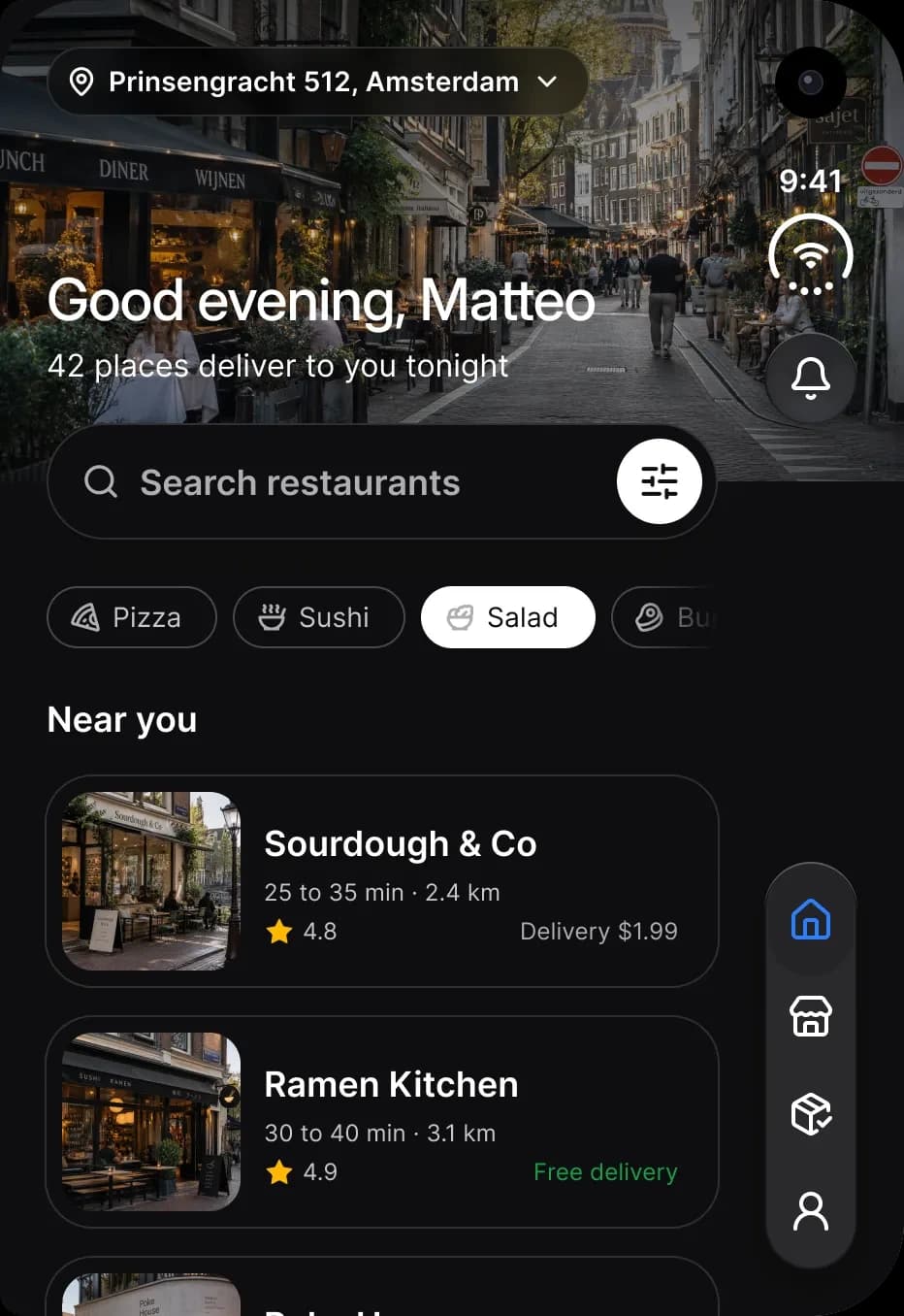Dark theme. Foodie on the outer display: a street photo header with the greeting Good evening, Matteo, a search field with a filter button, cuisine chips and a Near you list of restaurant cards, with a four icon tab bar on the rail.