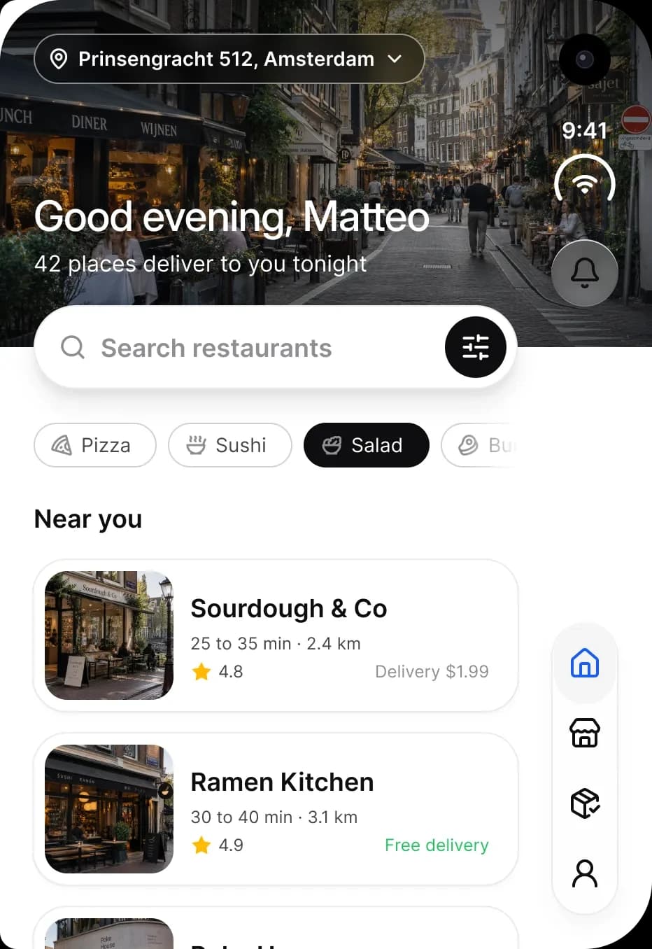 Foodie on the outer display: a street photo header with the greeting Good evening, Matteo, a search field with a filter button, cuisine chips and a Near you list of restaurant cards, with a four icon tab bar on the rail.